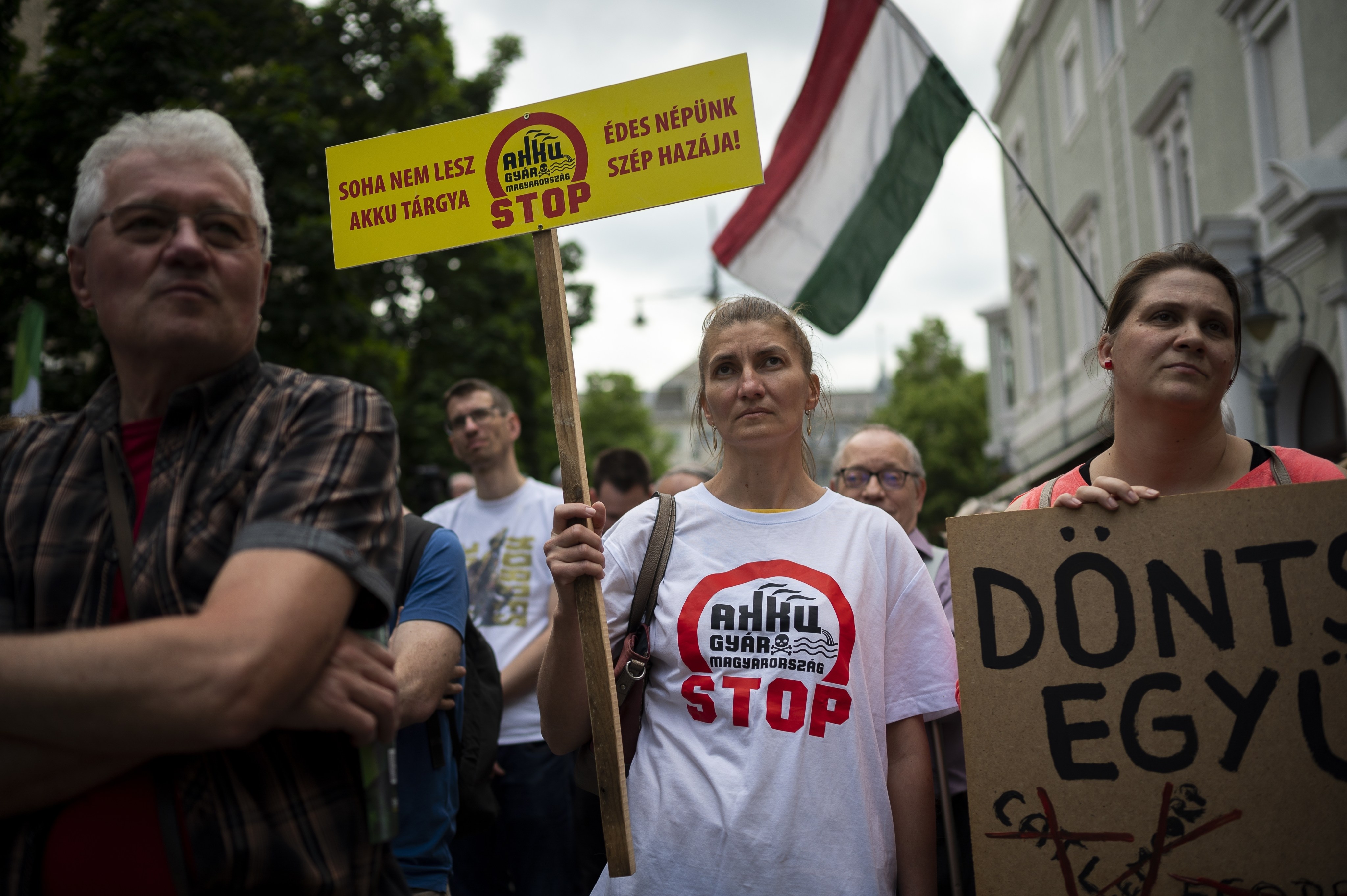 Residents gather in Debrecen, Hungary, during a demonstration against a factory being built by a Chinese company that will produce batteries for electric vehicles. Photo: AP