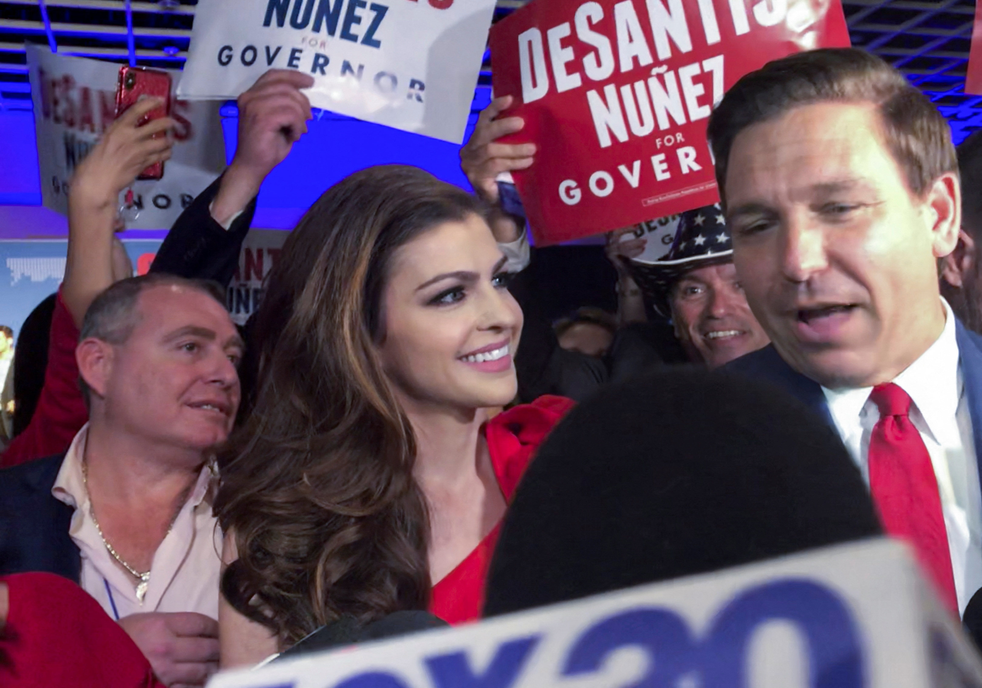 Ron DeSantis, with his wife, Casey, talks to the press at his midterm election night victory party after being elected Governor of Florida in November 2018. Photo: Reuters