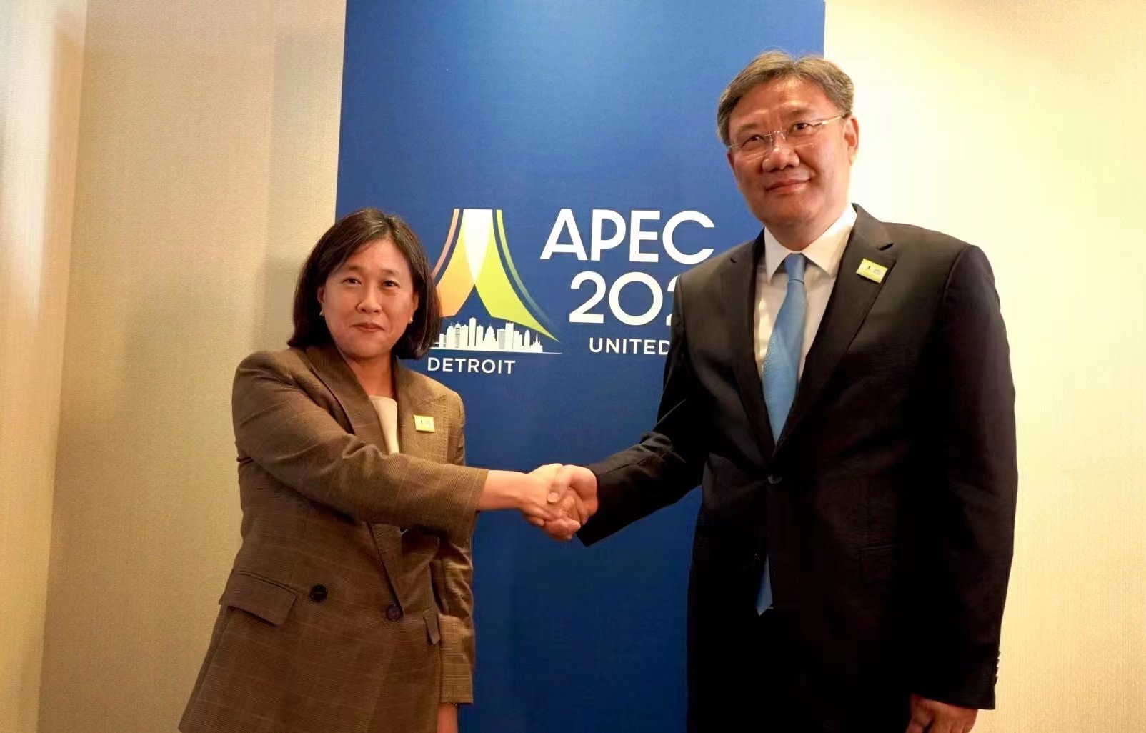 US Trade Representative Katherine Tai and Chinese Commerce Minister Wang Wentao in Detroit, Michigan, on Friday. Photo: Chinese Commerce Ministry 