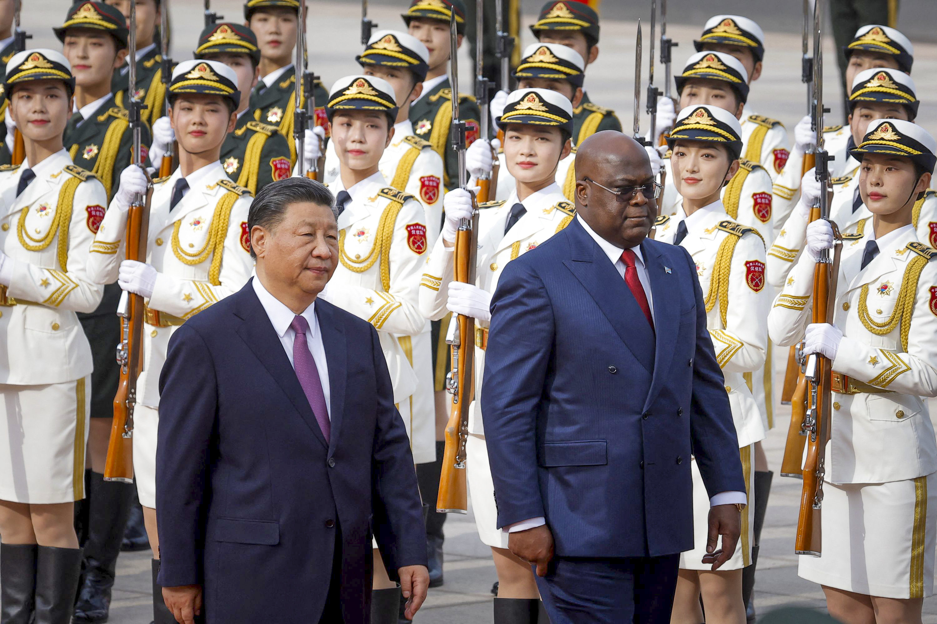 Felix Tshisekedi (right), president of the Democratic Republic of the Congo, and Chinese President Xi Jinping attend a welcoming ceremony at the Great Hall of the People in Beijing on Friday. Photo: AFP