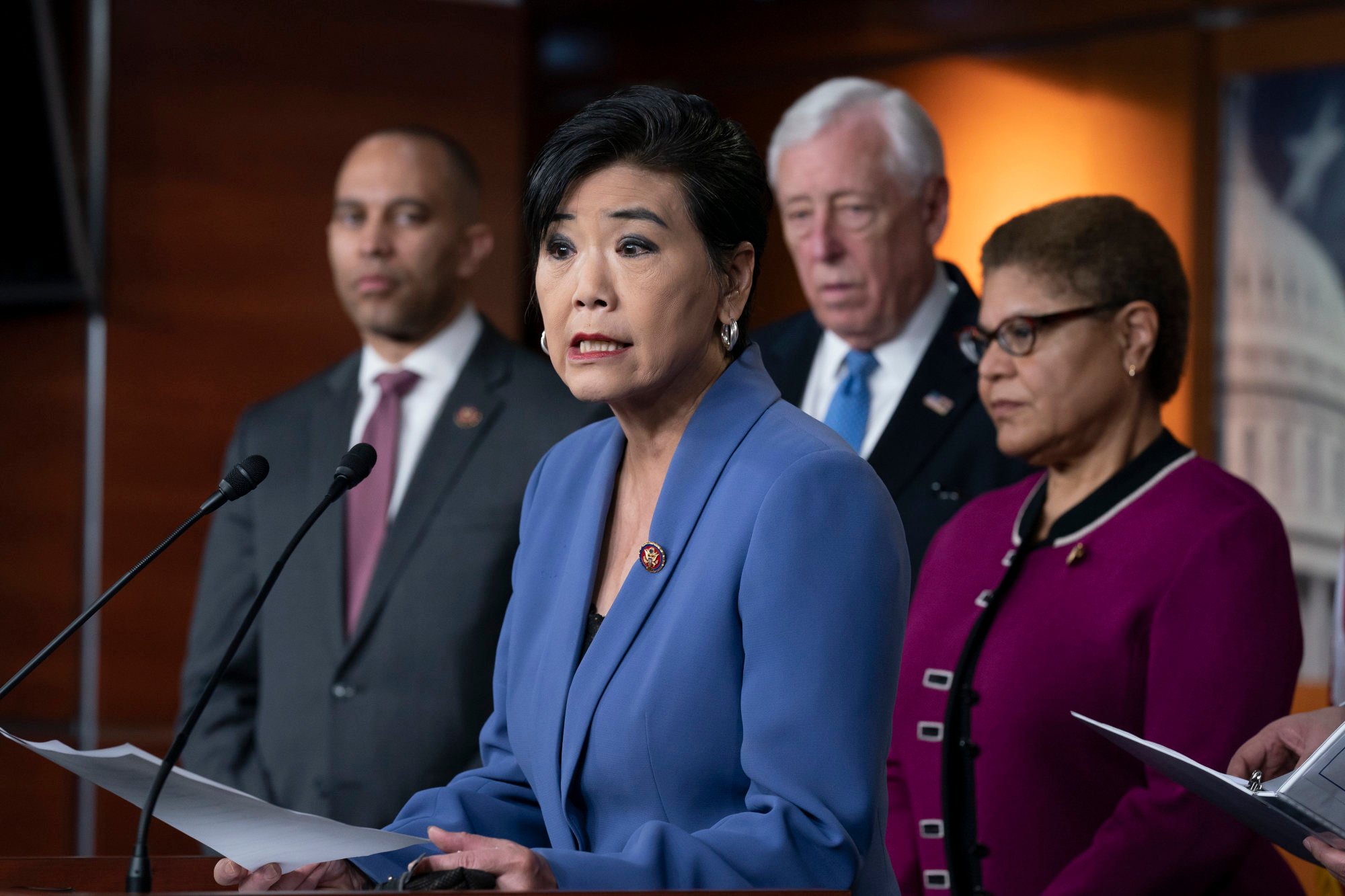 Democratic congresswoman Judy Chu of California (centre) chairs the Congressional Asian Pacific American Caucus and is a co-sponsor of the federal bill. Photo: AP