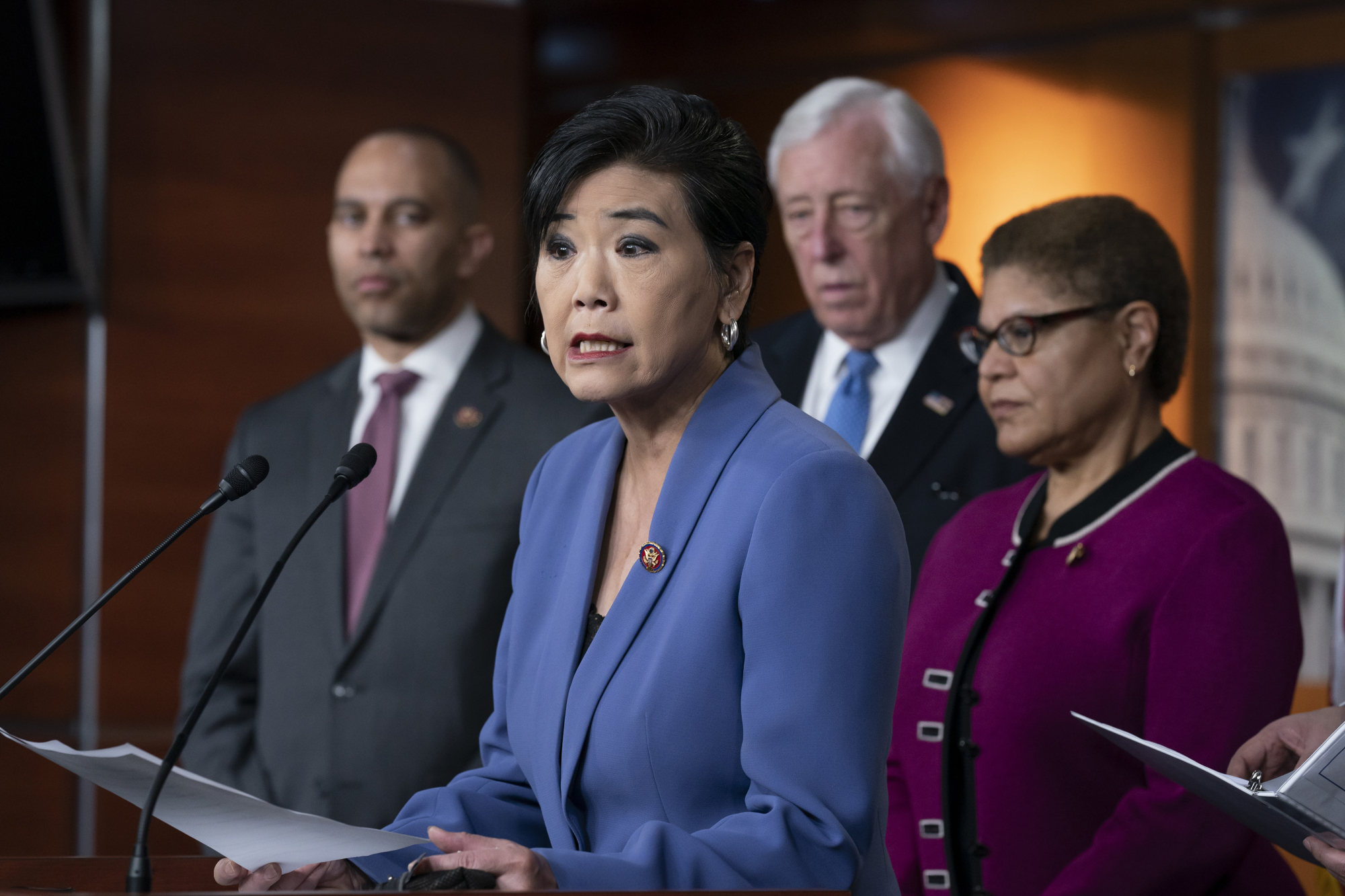 Democratic congresswoman Judy Chu of California (centre) chairs the Congressional Asian Pacific American Caucus and is a co-sponsor of the federal bill. Photo: AP