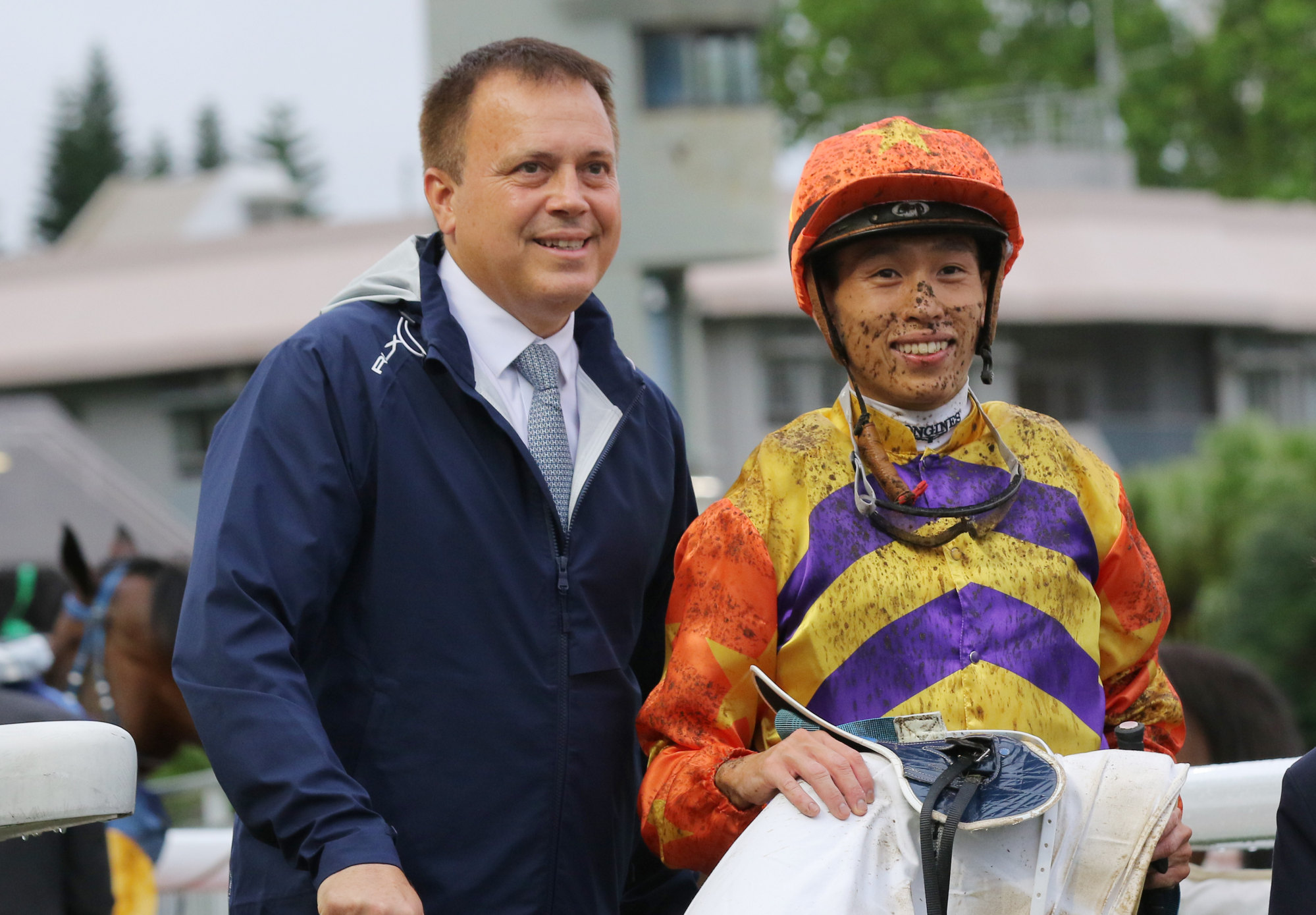 Trainer Caspar Fownes and jockey Vincent Ho enjoy Straight Arron’s victory in the Queen Mother Memorial Cup earlier this month.