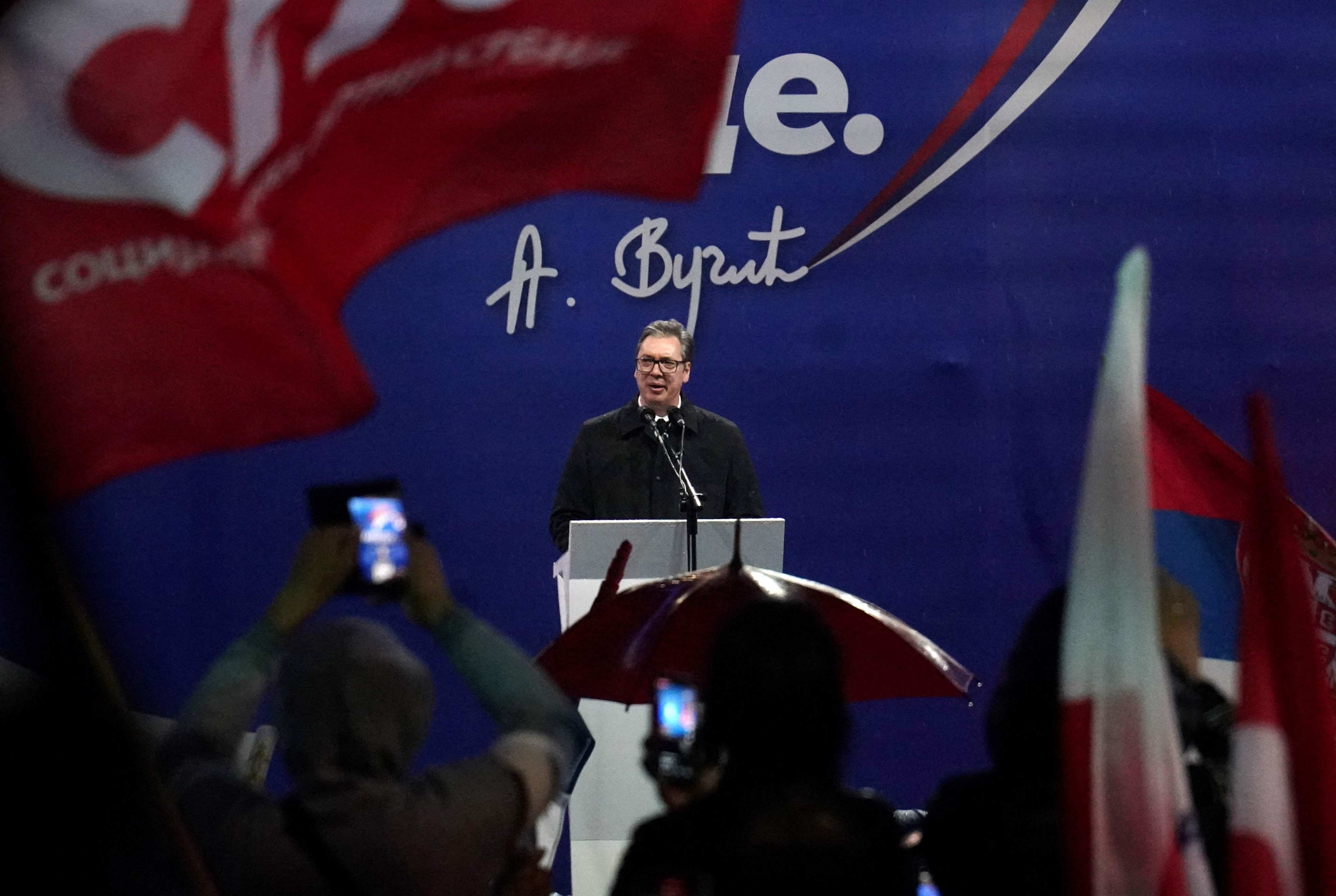 Serbia’s President Aleksandar Vucic during a pro-government rally in Belgrade, Serbia on Friday. Photo: AFP