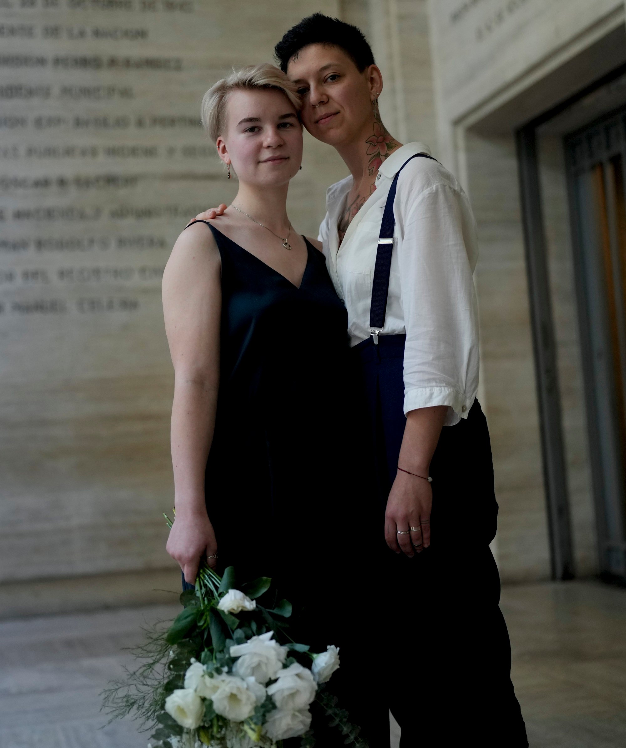 Newlyweds Nadezhda Skvortosova, left, and Tatiana Skvortosova are among a growing number of same-sex Russian couples moving to Argentina to get married. Photo AP