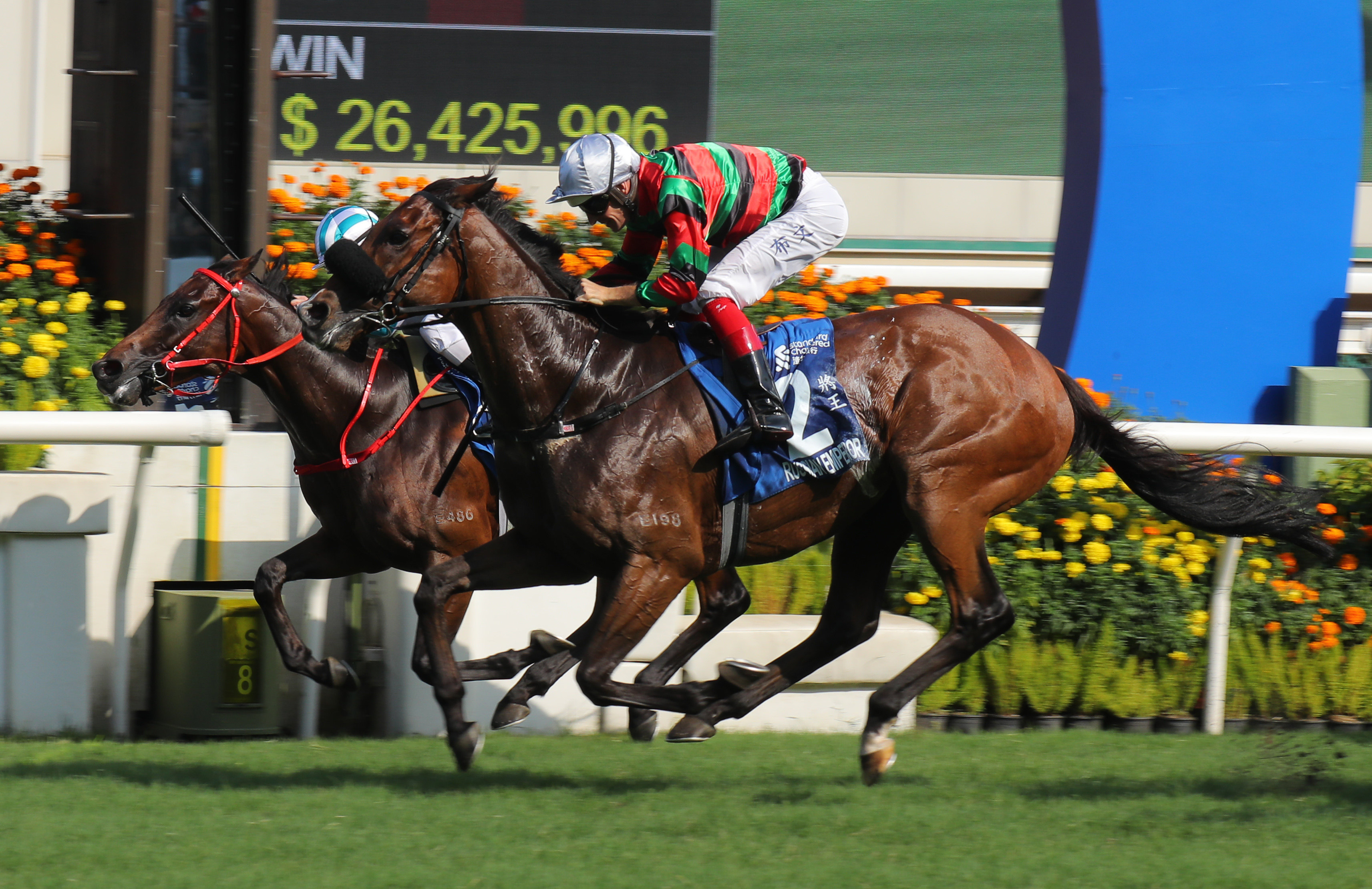 Russian Emperor (outside) defeats Romantic Warrior in Sunday’s Champions & Chater Cup. Photo: Kenneth Chan
