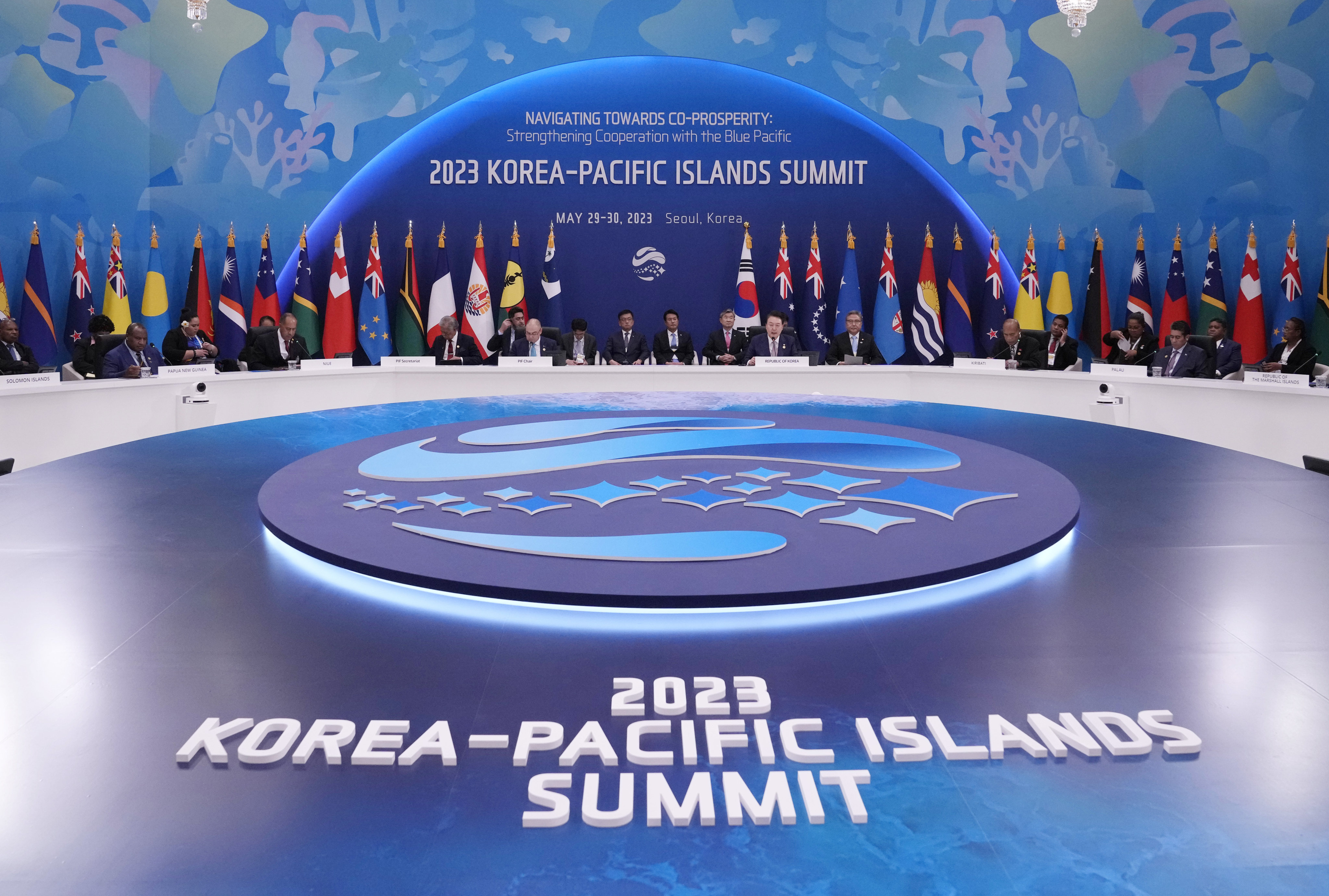 South Korea and the Pacific Islands Forum leaders and senior officials attend the Korea-Pacific Islands Summit at the Blue House, in Seoul. Photo: AP