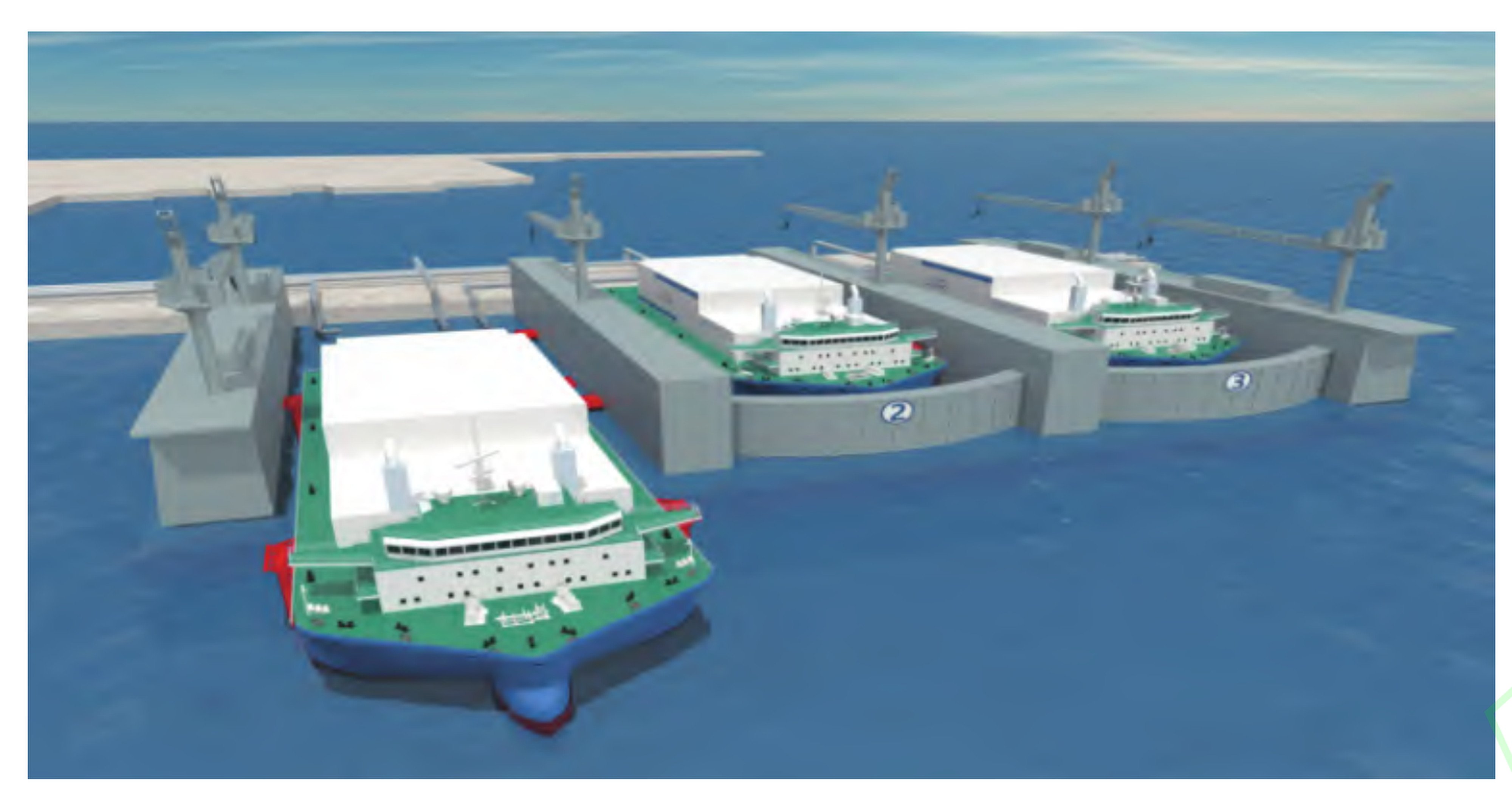 Computerised images show a proposed dock-based floating nuclear power plant. Photo: National Energy Offshore Nuclear Power Platform Technology Research Centre