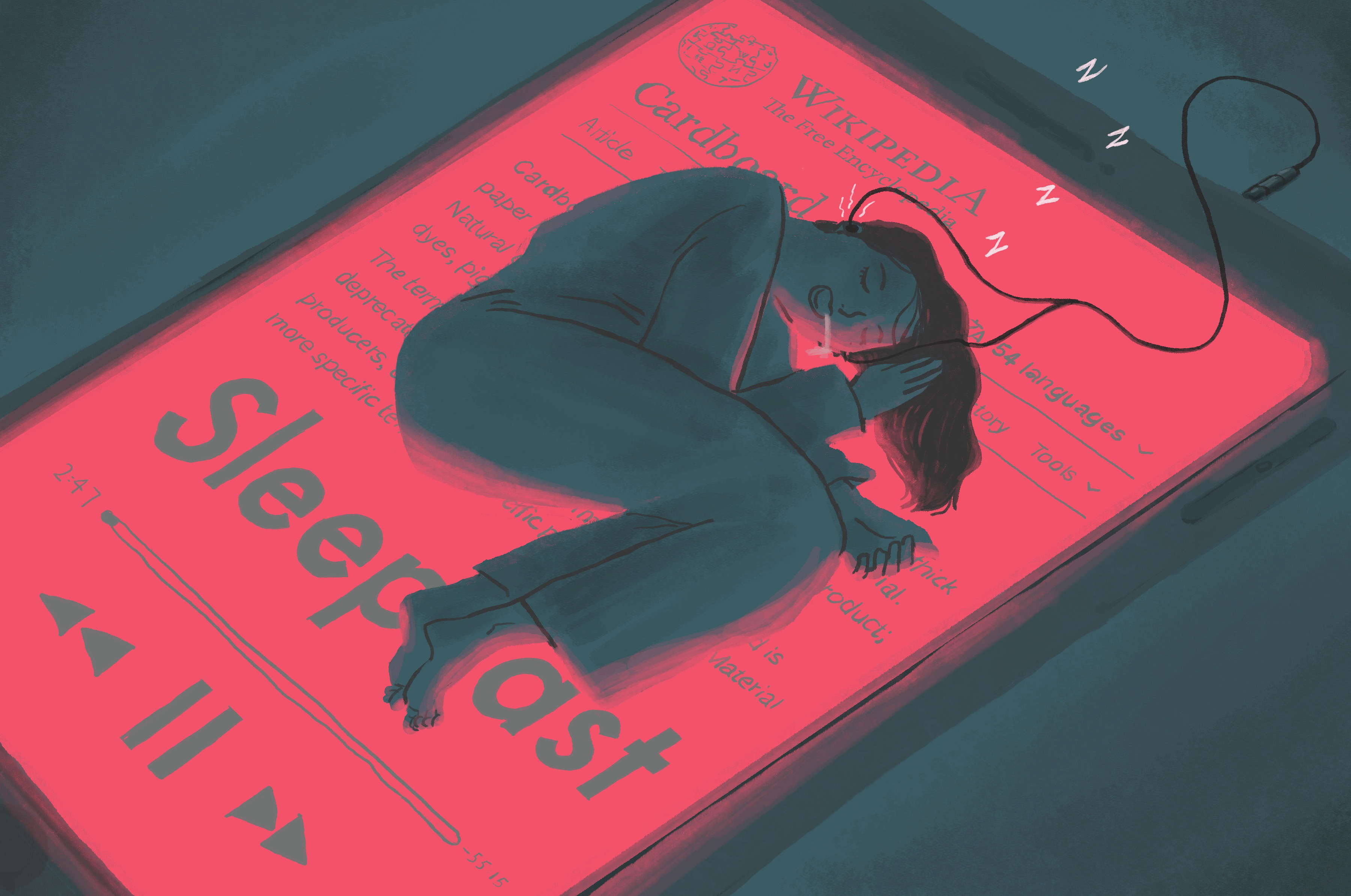 “Sleepcasts” are podcasts to bore you into drifting off – and they reach millions of late-night listeners every month. Illustration: Brian Wang