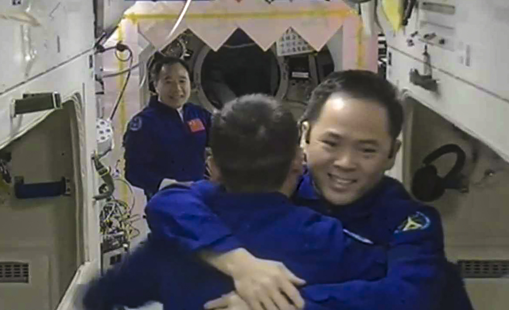 The Shenzhou 16 crew is welcomed aboard the Tiangong space station on Tuesday. Photo: CCTV