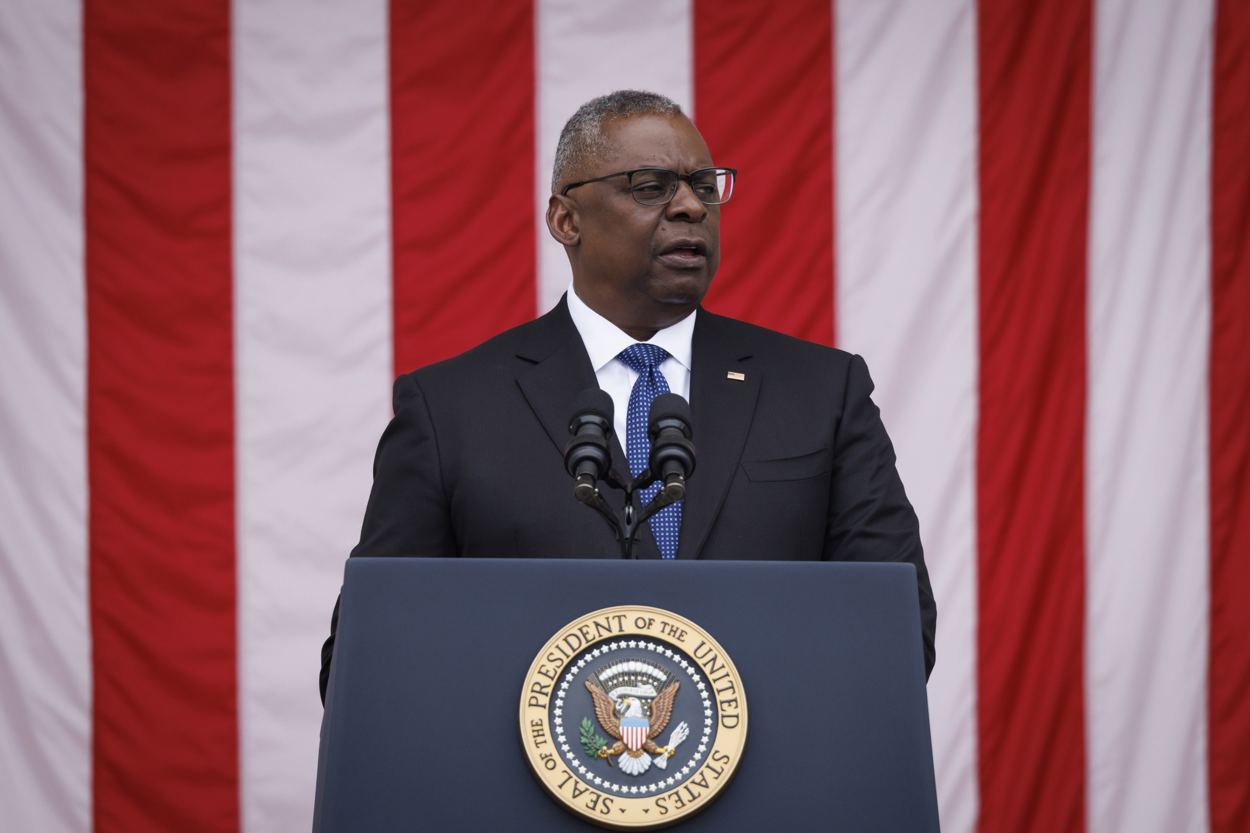 US Secretary of Defence Lloyd Austin speaks during a Memorial Day address at Arlington National Cemetery in Virginia on Monday. Photo: EPA-EFE