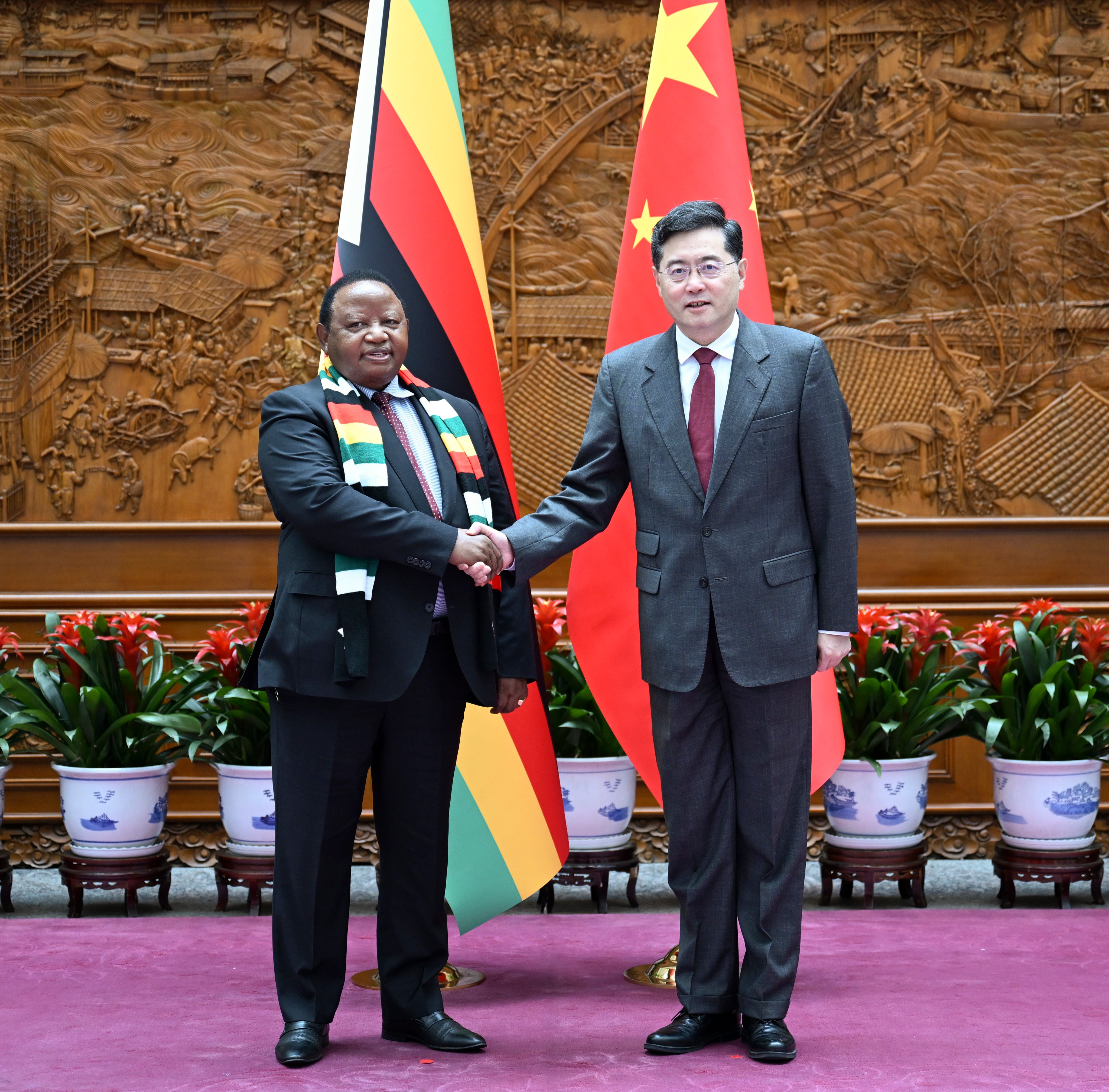 Chinese Foreign Minister Qin Gang held talks with Zimbabwe’s foreign affairs and trade chief Frederick Shava in Beijing. Photo: Xinhua