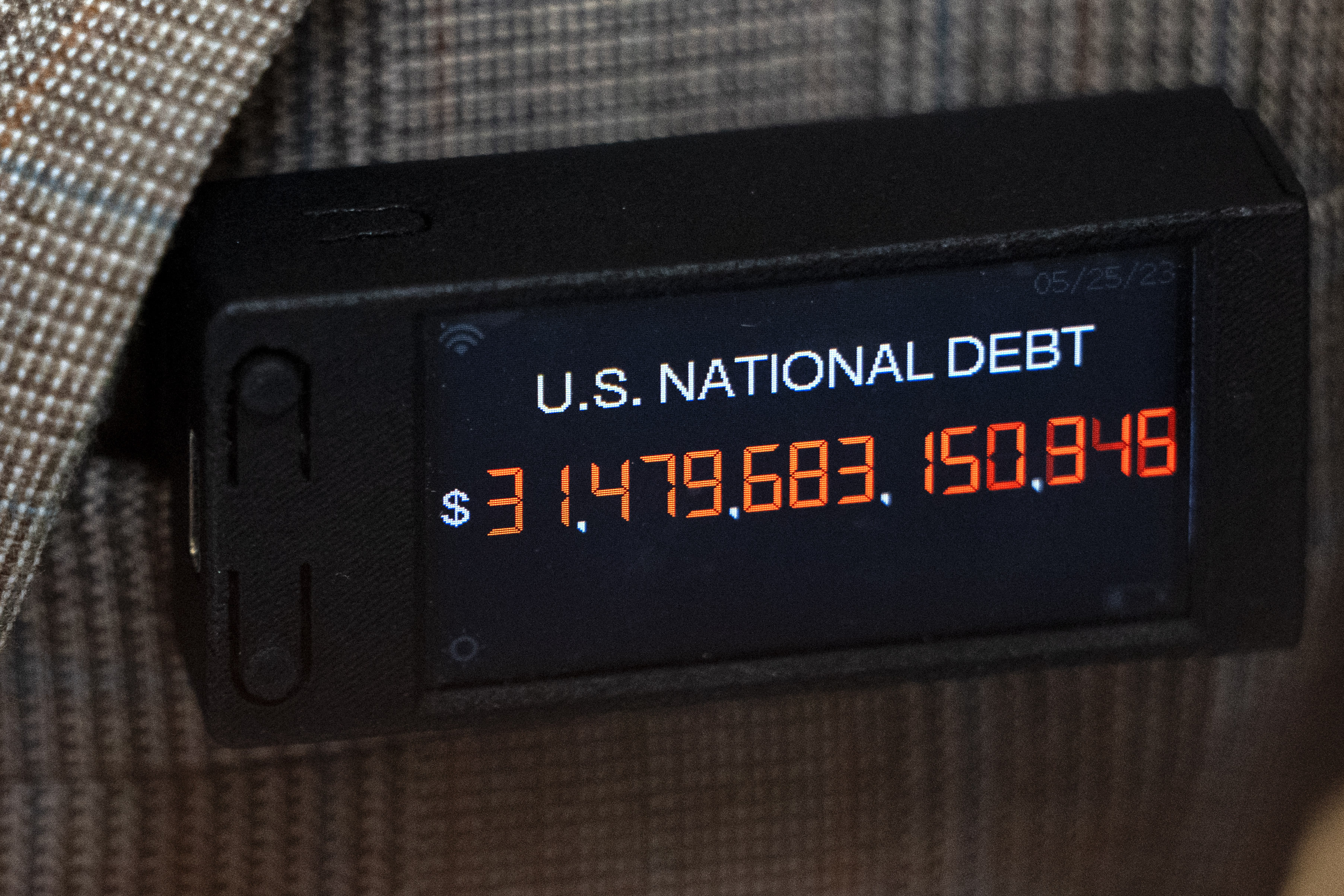 A digital pin simulating the increasing US national debt. By June 5, the Treasury Department could run out of funds to pay its debts for the first time in US history. Photo: AP