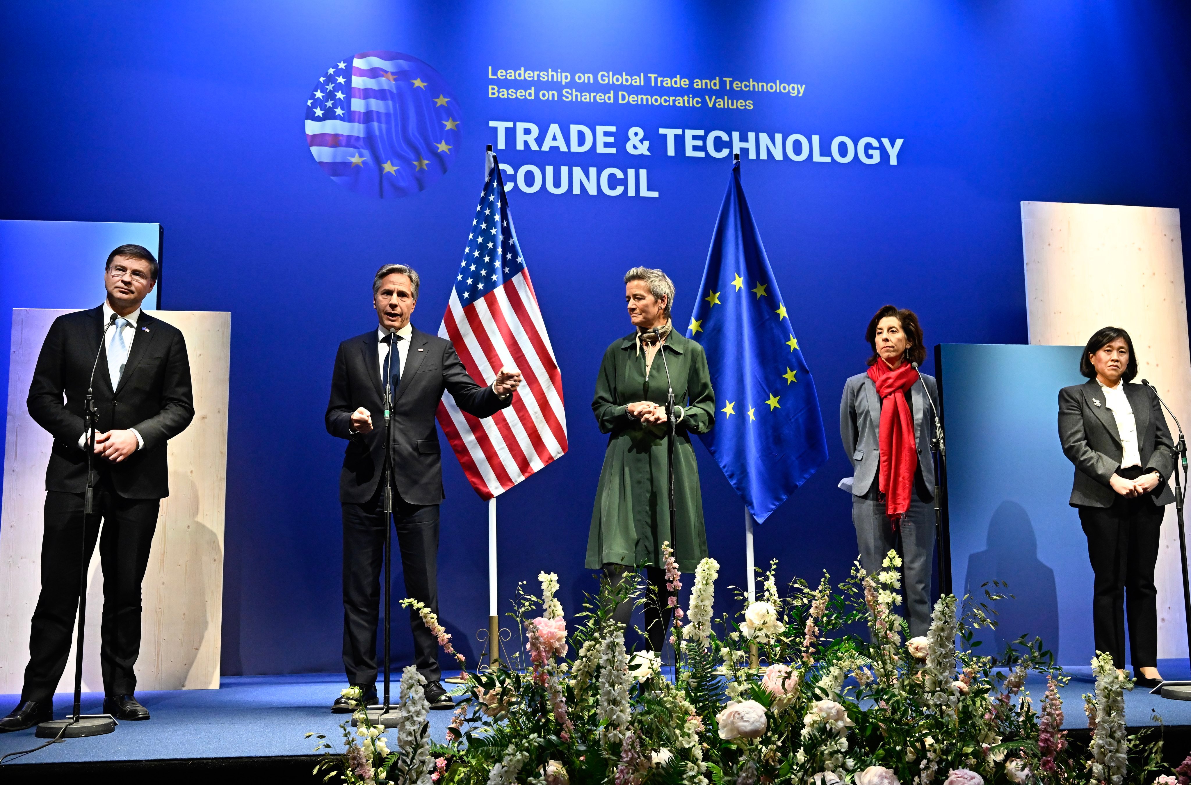 From left, EU Trade Commissioner Valdis Dombrovskis; US Secretary of State Antony Blinken; EU Commissioner for Competitiveness Margrethe Vestager; US Secretary of Commerce Gina Raimondo and US Trade Representative Katherine Tai, at the news conference following the fourth meeting of the EU-US Trade and Technology Council in Lulea, Sweden, on Wednesday. Photo: EPA-EFE 