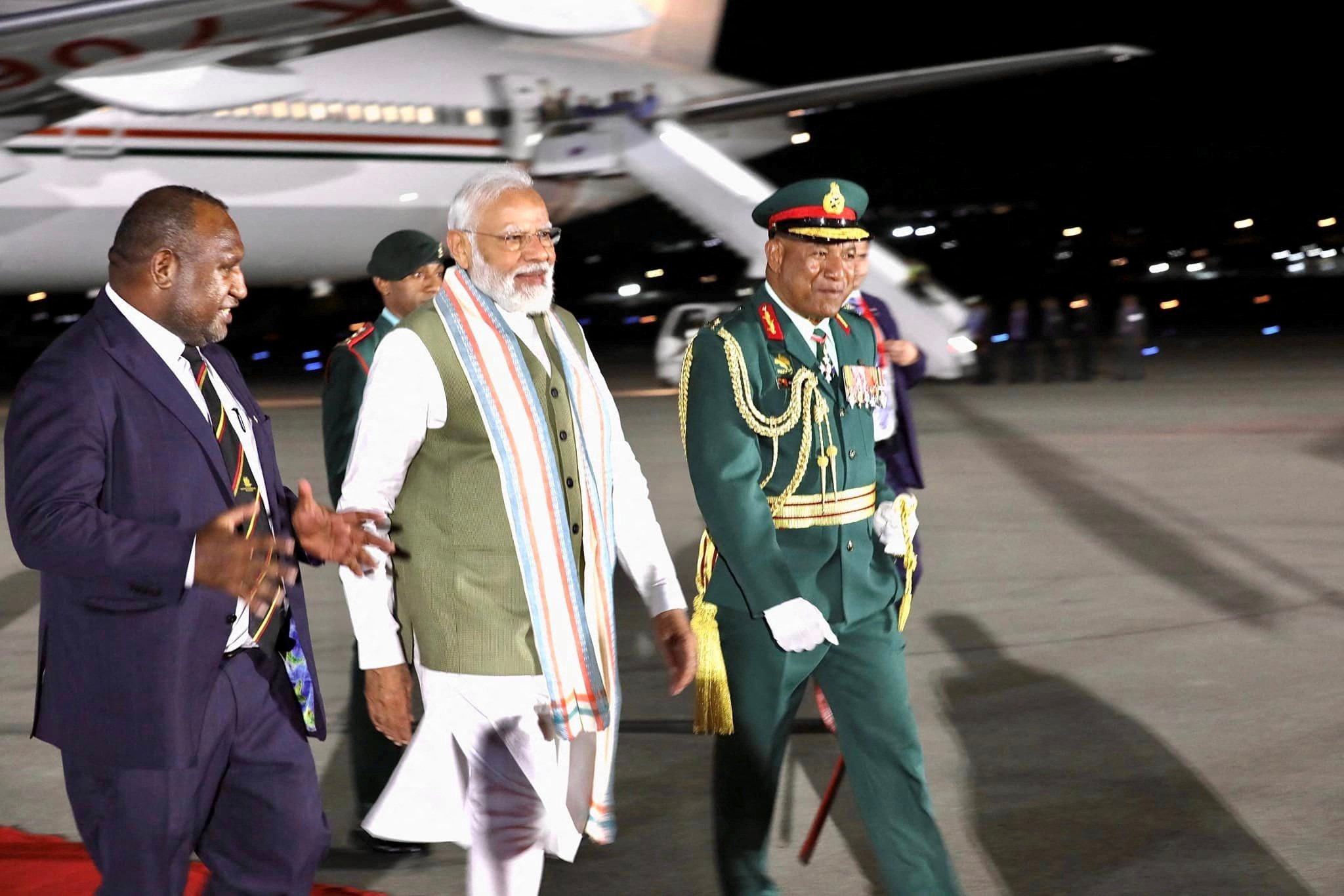India’s Prime Minister Narendra Modi is greeted by Papua New Guinea Prime Minister James Marape (left) at Jacksons International Airport in PNG on May 21. Photo: Reuters