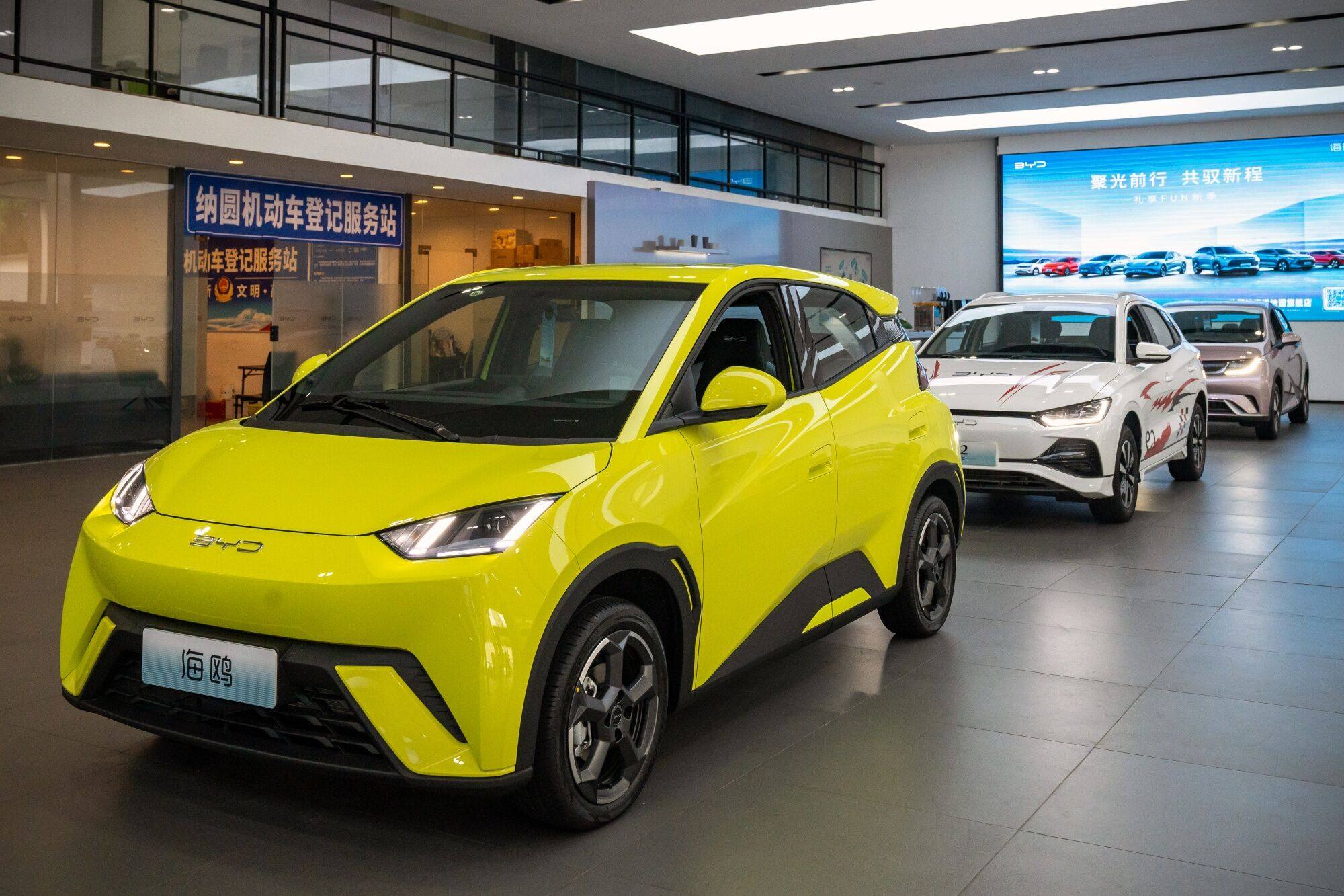 BYD electric cars on sale at a shop in Haikou, Hainan Province, China. Photo: Bloomberg