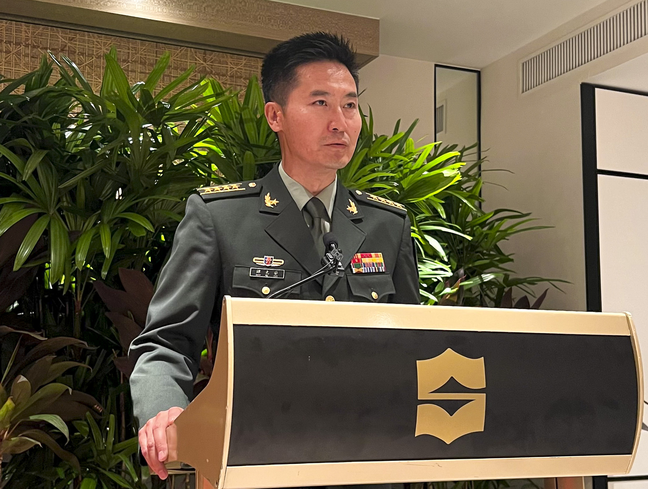 Chinese defence ministry spokesman Tan Kefei at a briefing after Defence Minister Li Shangfu met his Singapore counterpart Ng Eng Hen on Thursday. Photo: Minnie Chan 
