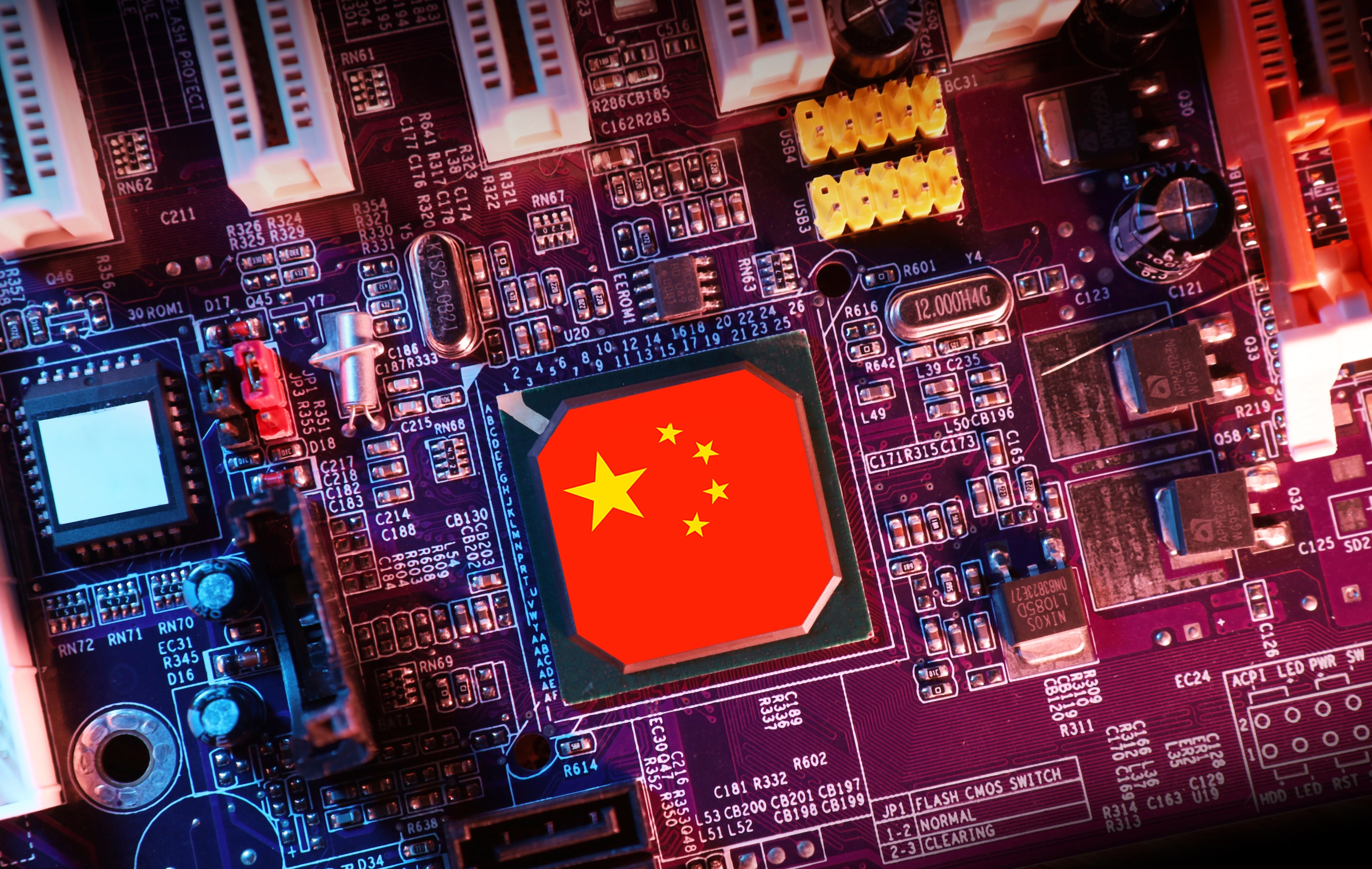 The Chinese flag is seen on a microprocessor attached to a circuit board in this photo illustration. Photo: Shutterstock Images