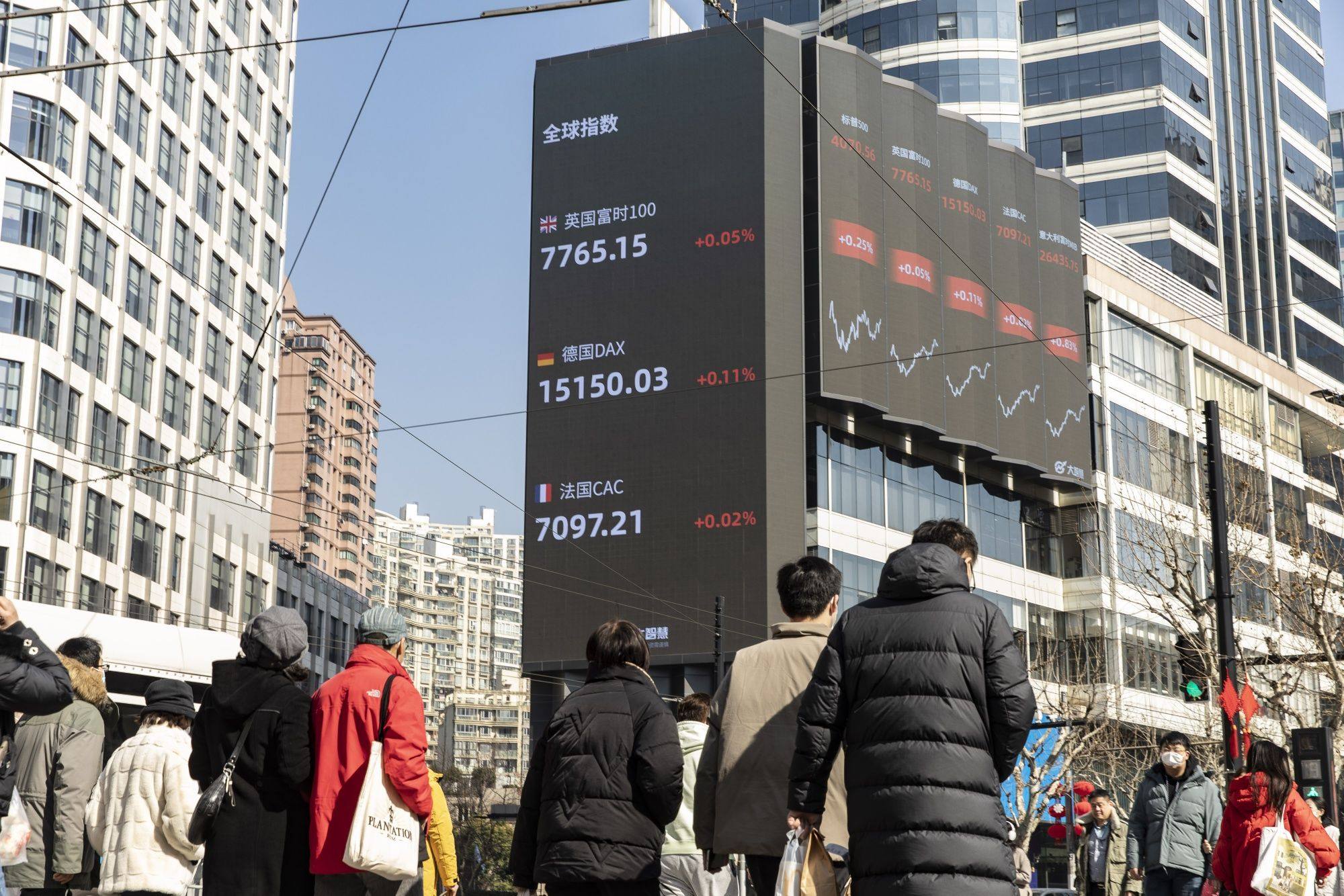 Global market indices are displayed on a screen in Shanghai. Photo: Bloomberg