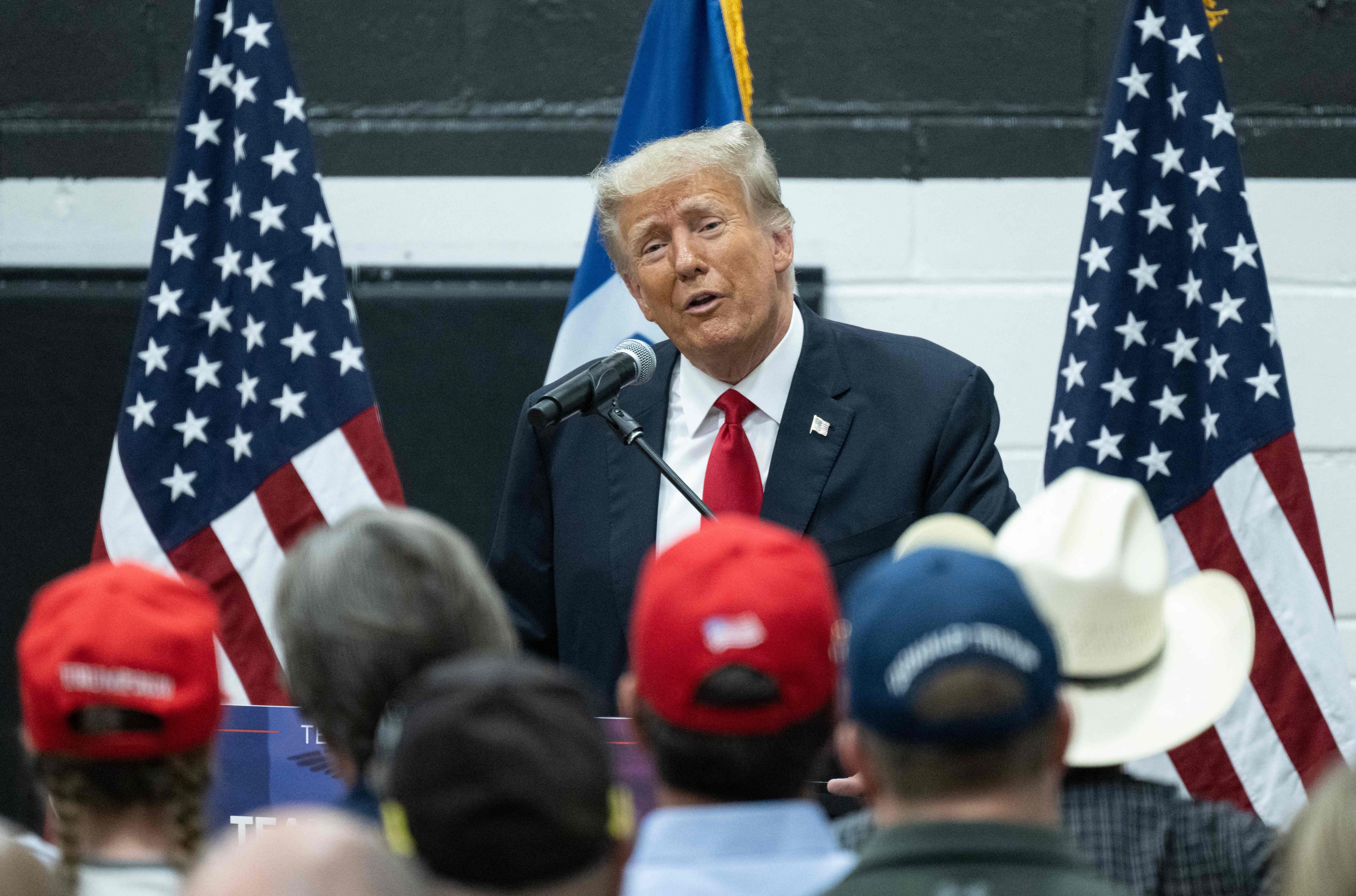 Former US president Donald Trump speaks at the Grimes Community Centre in Iowa on Thursday. Photo: AFP