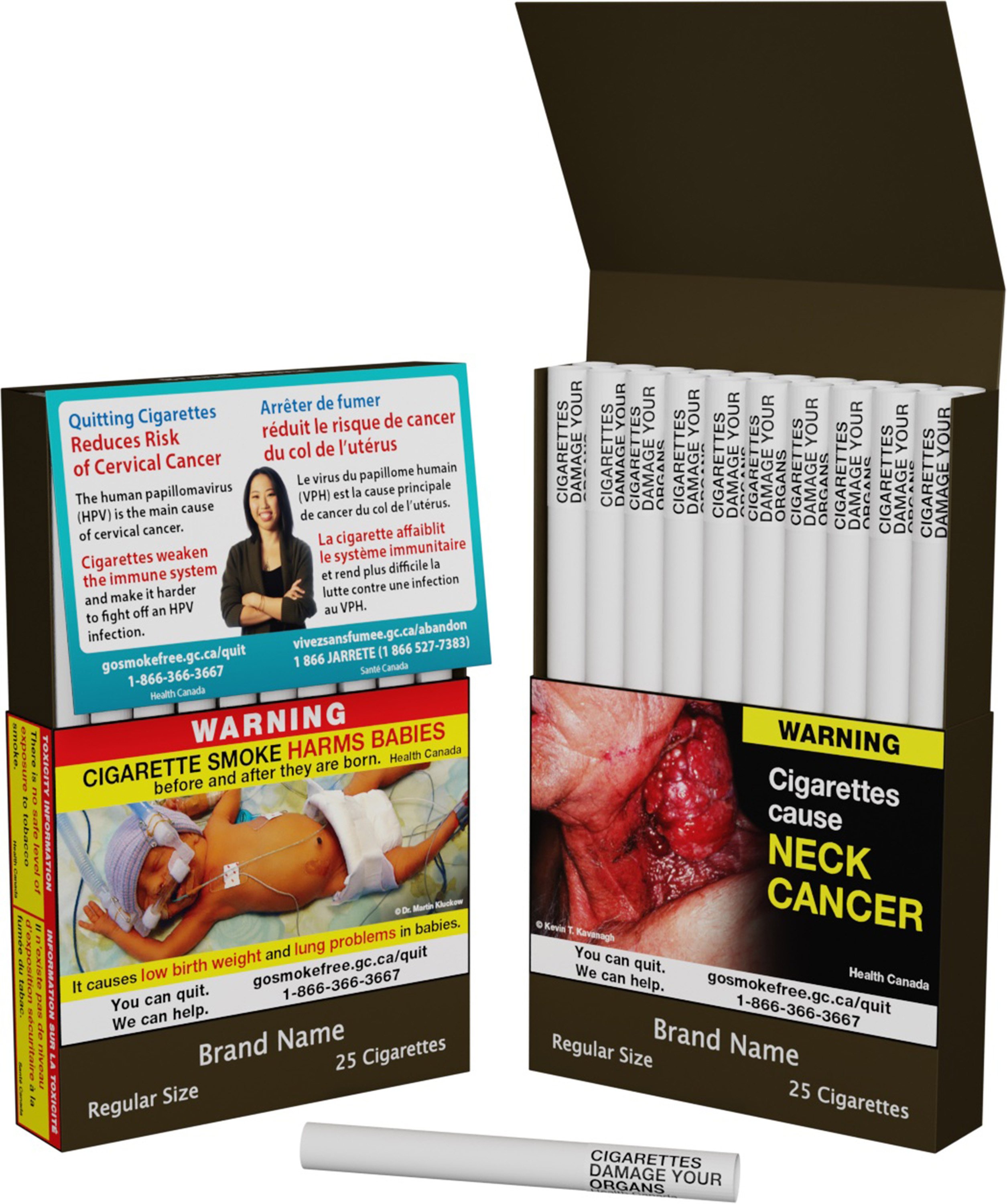 This image from Health Canada shows the warnings that will be printed cigarettes. The regulations take effect in August and will be phased in. Photo: Health Canada/TNS