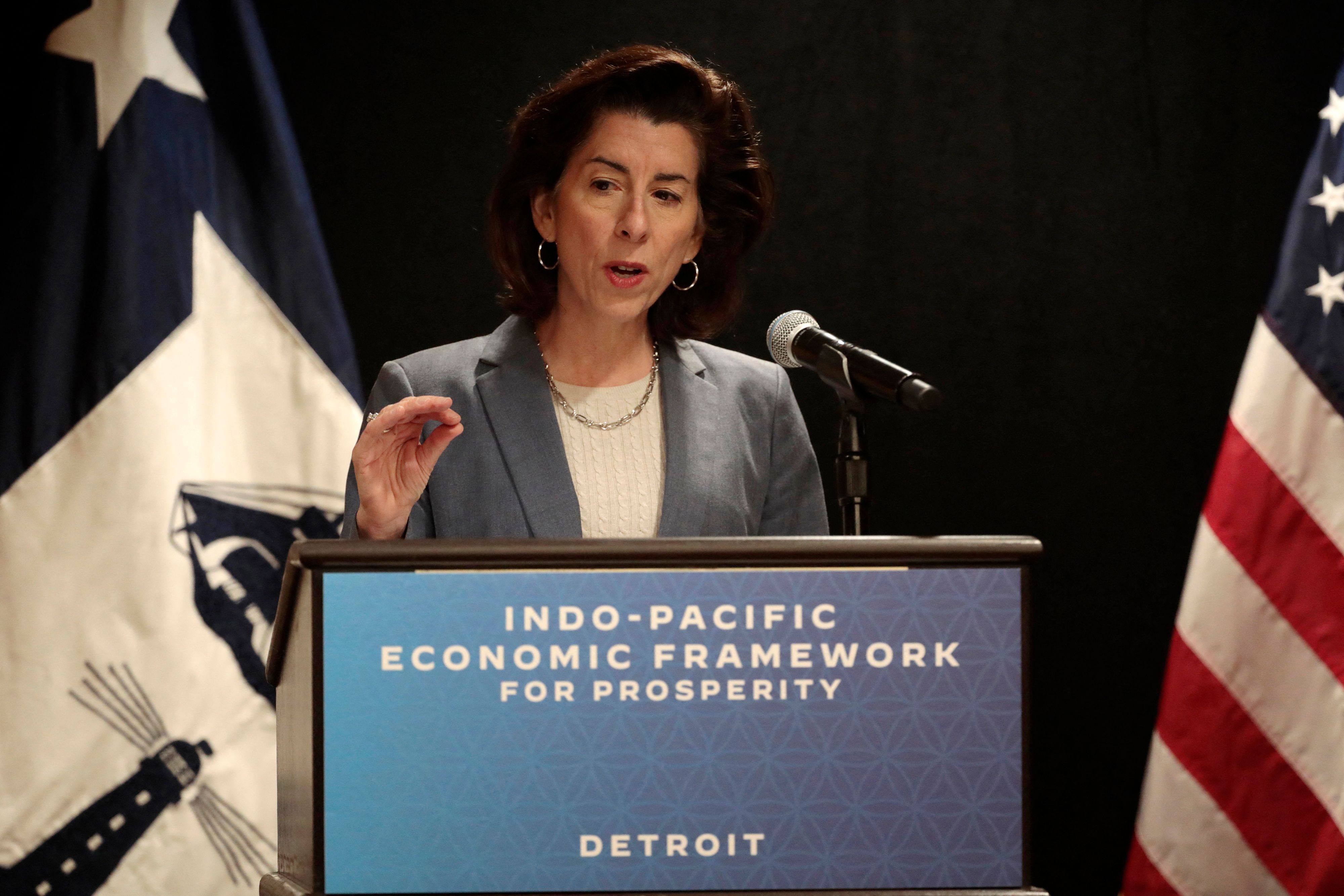 US Secretary of Commerce Gina Raimondo  speaks at the closing news conference of the Indo-Pacific Economic Framework Ministerial meeting in Detroit, Michigan, on May 27. The United States, Japan and 12 other Indo-Pacific nations have agreed to strengthen supply chain resilience for critical items. Photo: AFP