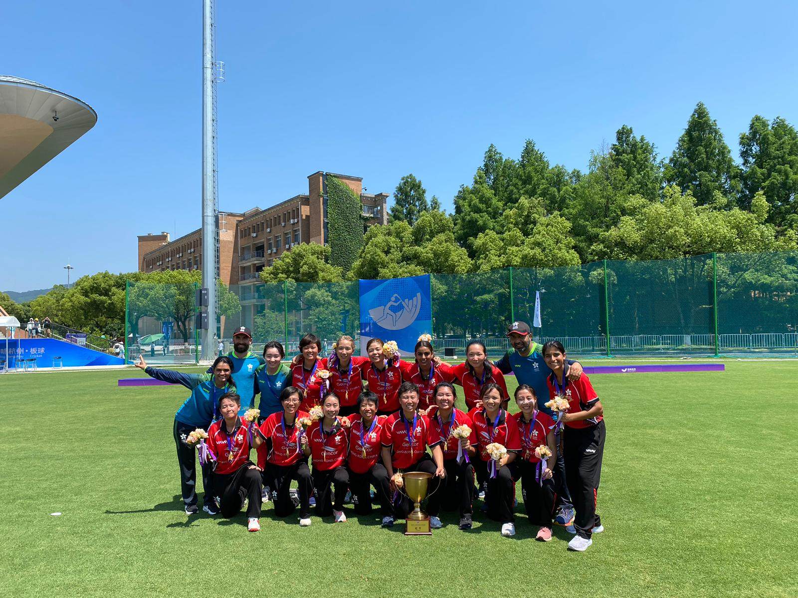 The Hong Kong team celebrate their East Asian Cup win in Hangzhou. Photo: Cricket Hong Kong