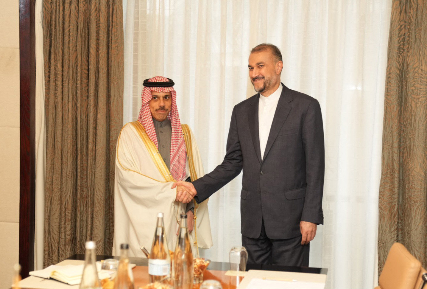 Iranian Foreign Minister Hossein Amir-Abdollahian with his Saudi counterpart Faisal bin Farhan. Photo: AFP