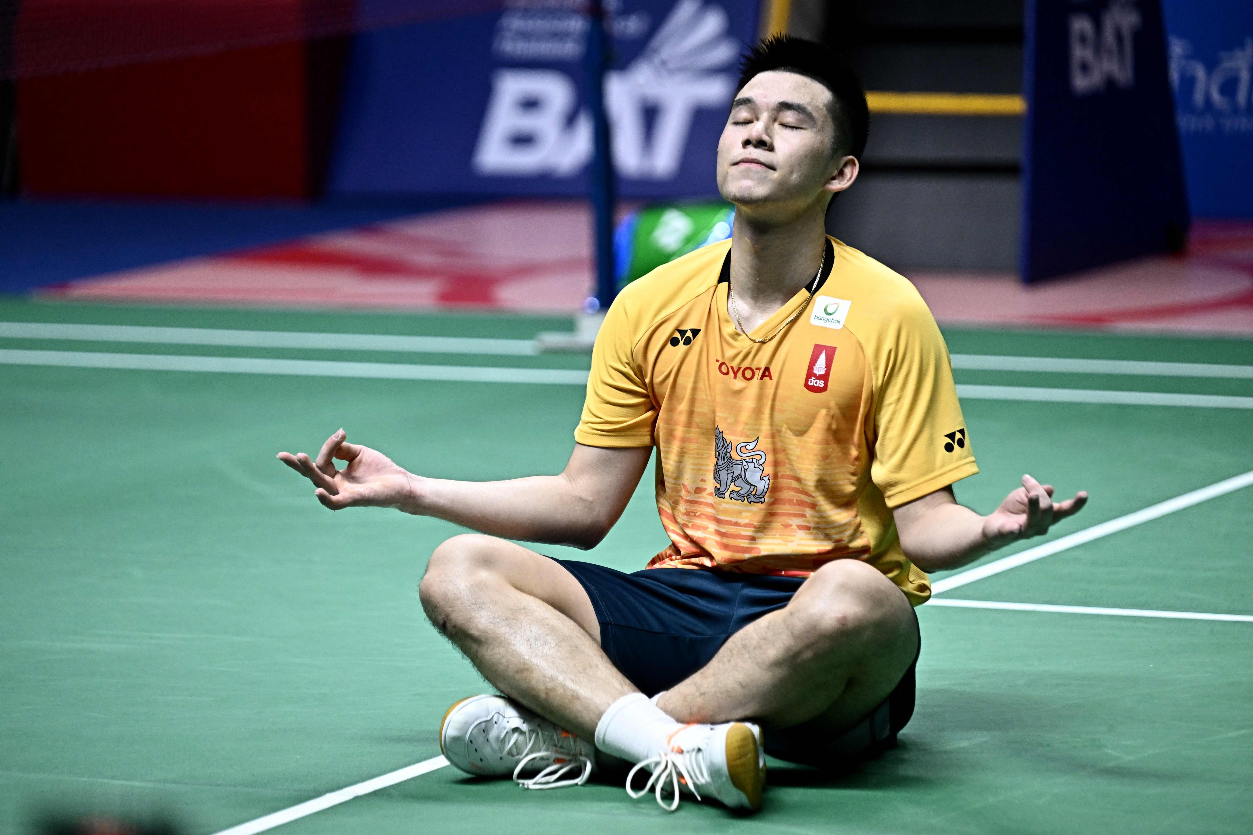 Thailand’s Kunlavut Vitidsarn takes a moment to reflect after beating Hong Kong’s Lee Cheuk-yiu. Photo: AFP