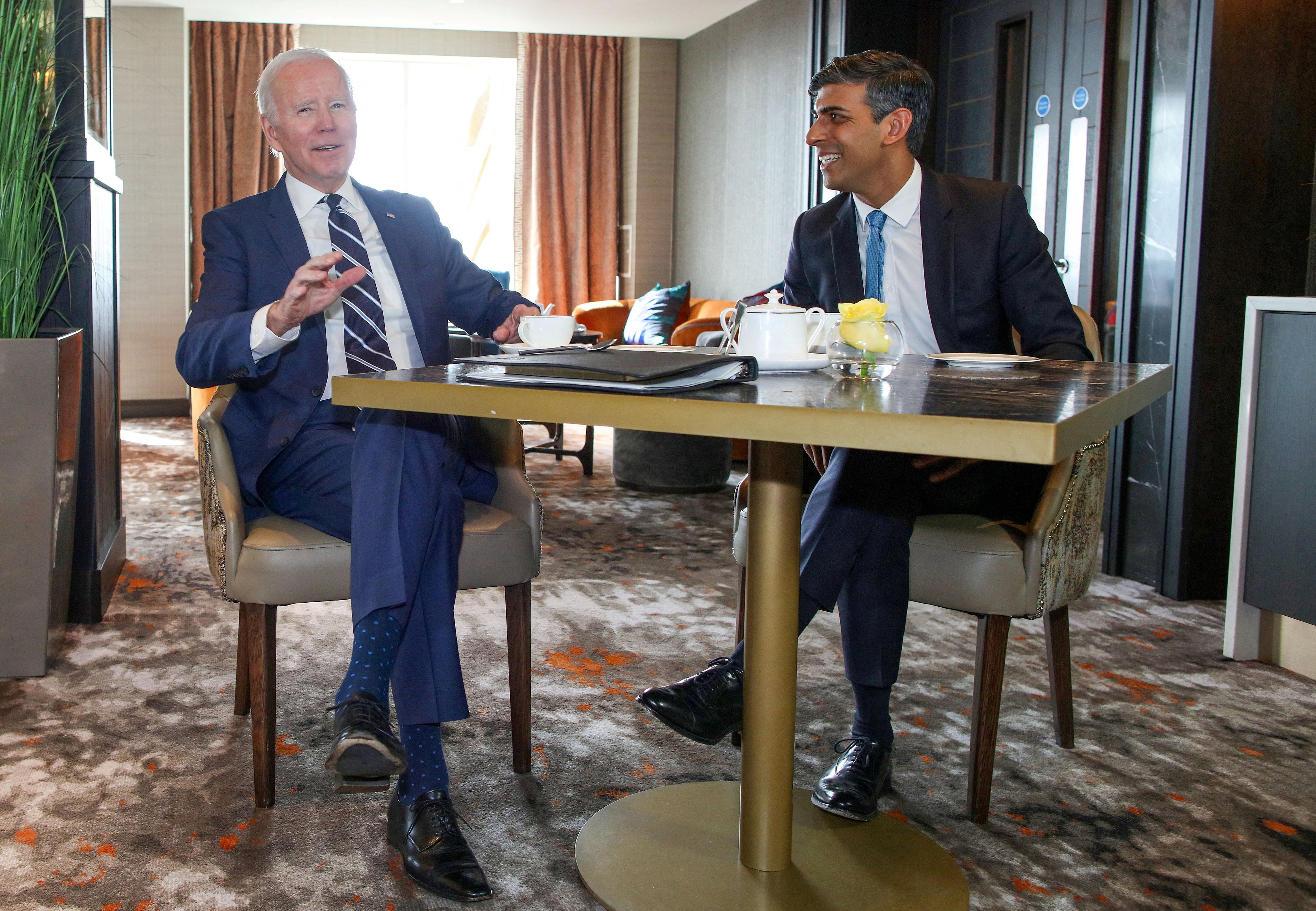 US President Joe Biden, left, and Britain’s Prime Minister Rishi Sunak in Belfast on April 12. Photo: Pool via Reuters
