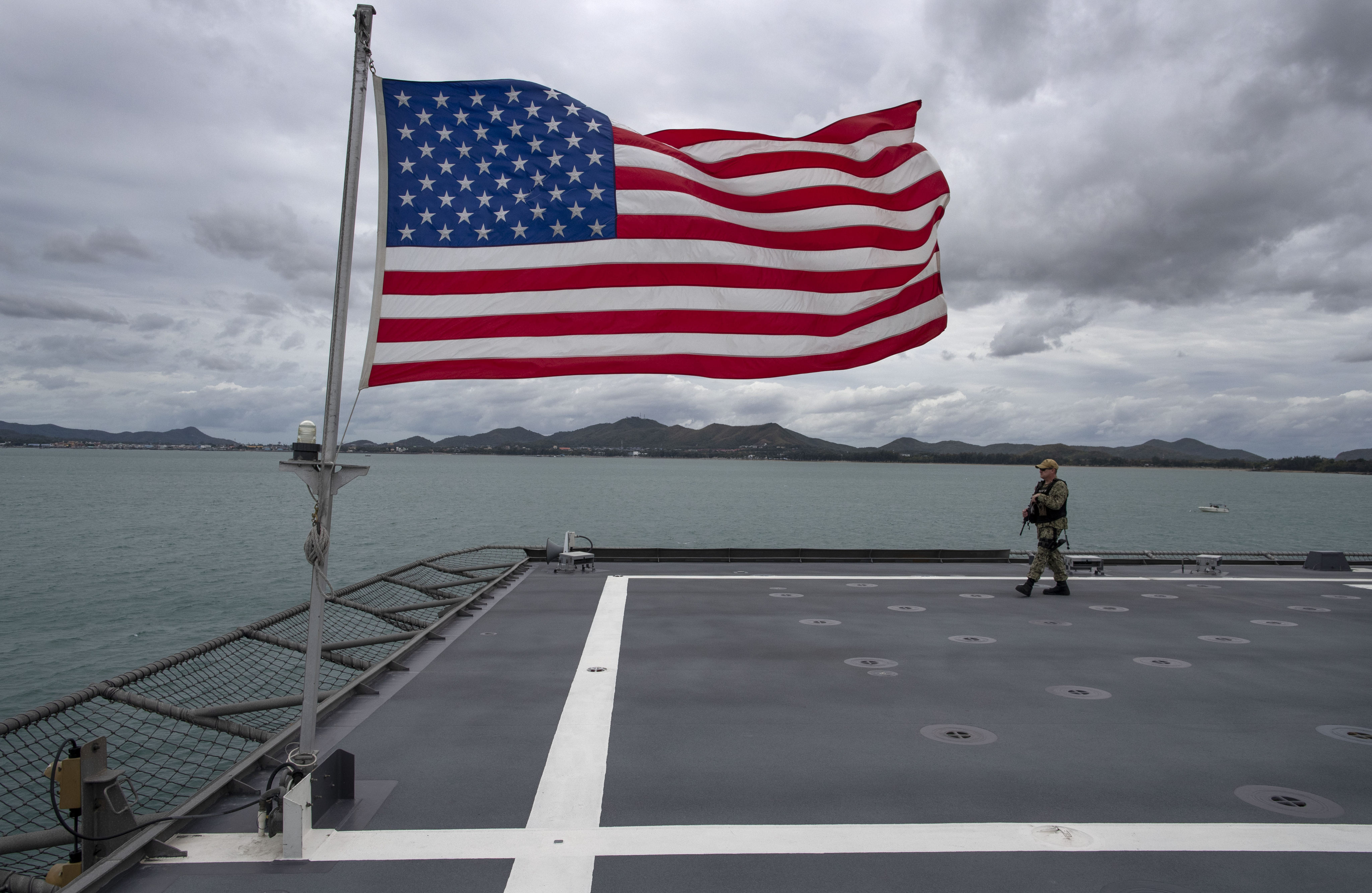 An officer patrols on board the USS Montgomery off Sattahip, Thailand in 2019. Photo: AP