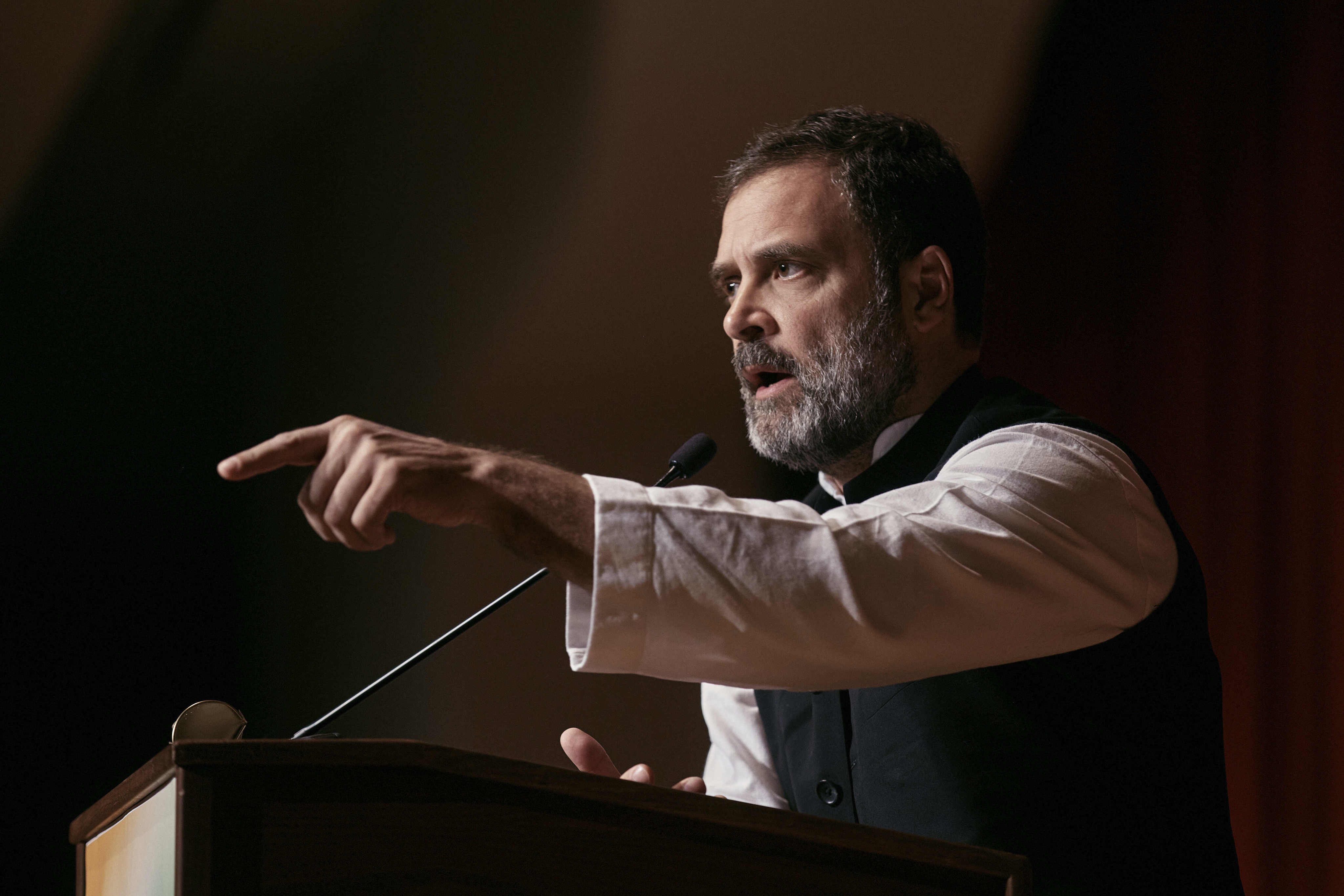 Indian politician Rahul Gandhi speaks at the Javits Centre in New York on Sunday. Photo: AP