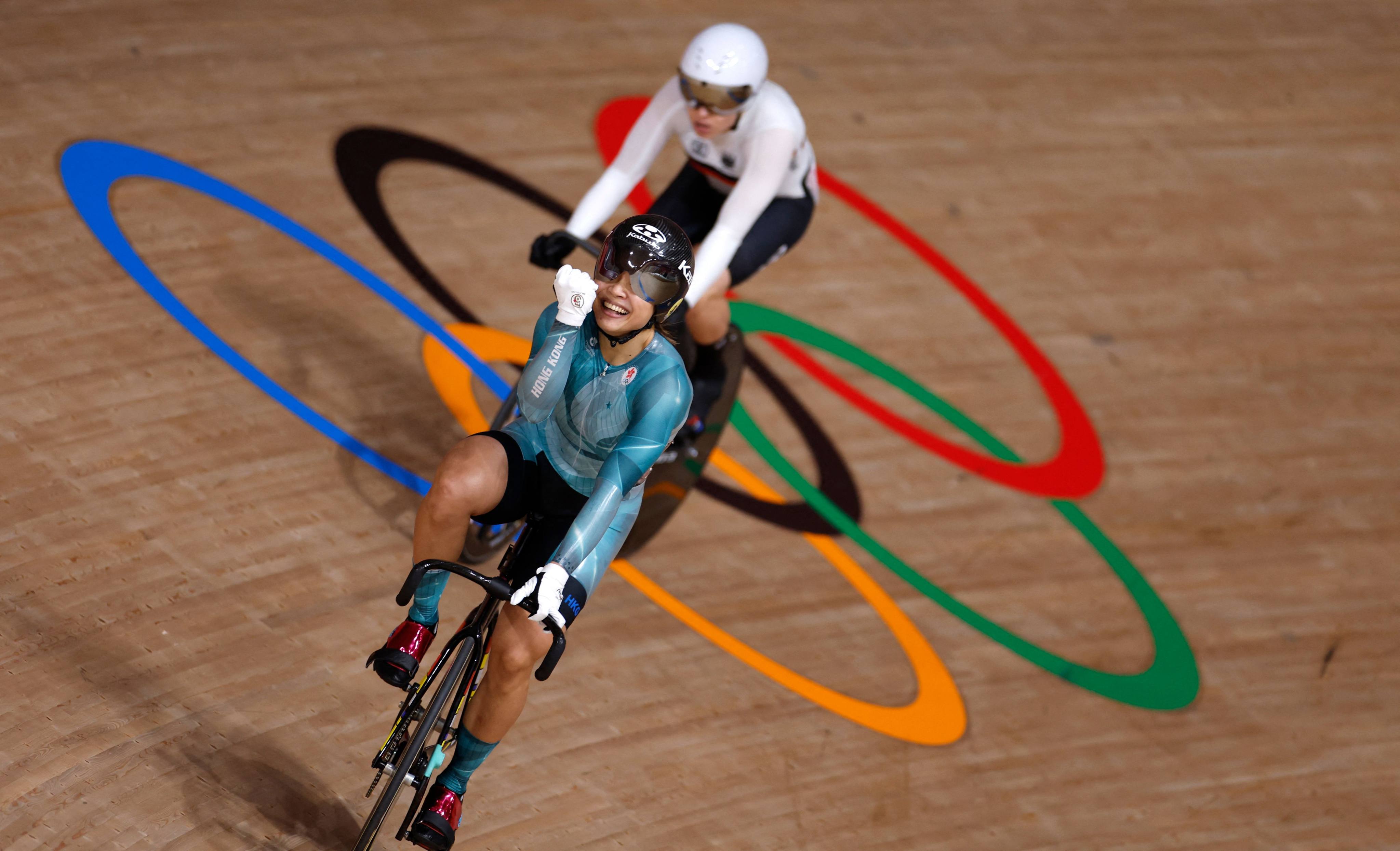 Hong Kong’s Sarah Lee celebrates winning bronze in the sprint at the Tokyo Olympics. Photo: AFP