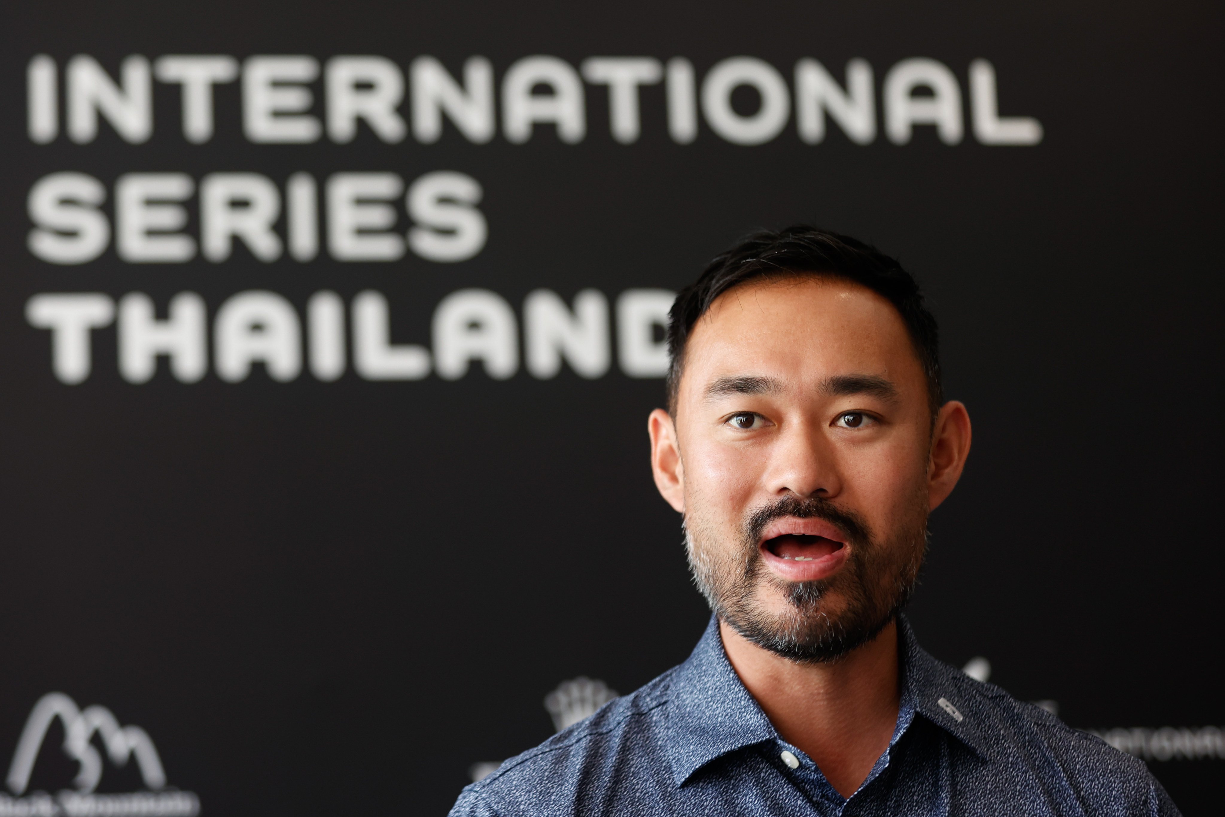 Asian Tour commissioner and CEO Cho Minn Thant speaks to the media at the International Series Thailand in March. Photo: Asian Tour.