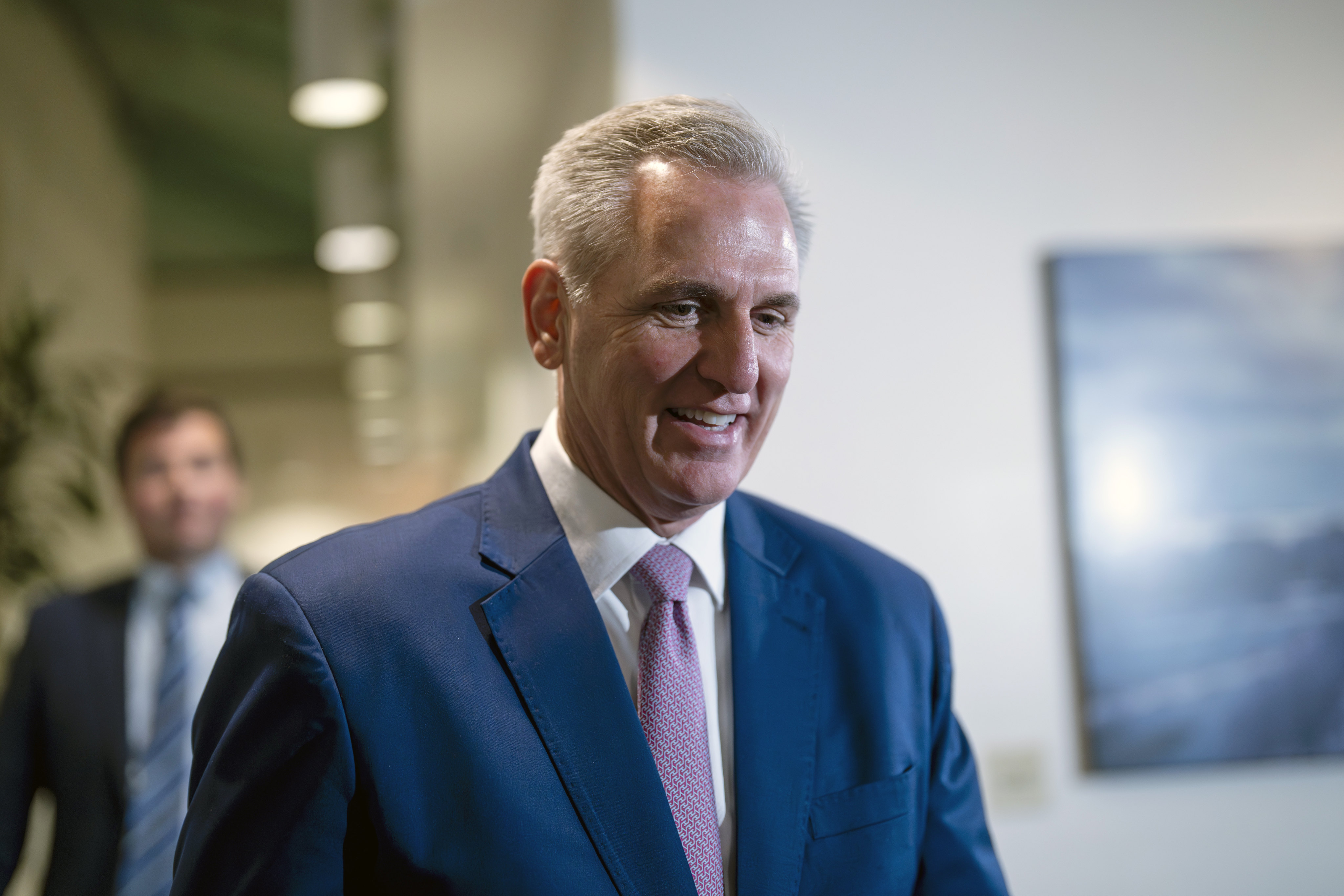 US Speaker of the House Kevin McCarthy leaves a gathering of the Republican Conference at the Capitol on Tuesday. Photo: AP