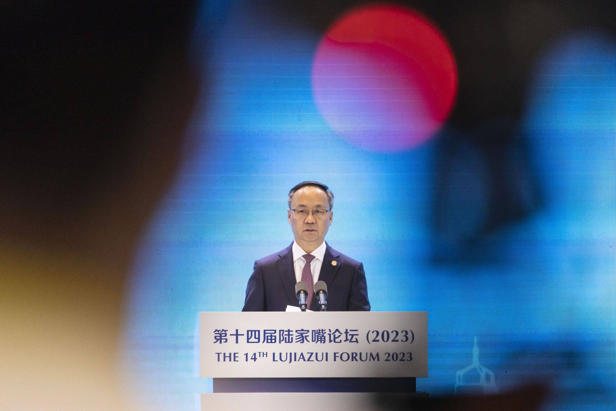 Li Yunze, head of the National Financial Regulatory Administration, speaks during the Luijazui Forum in Shanghai. Photo: Bloomberg