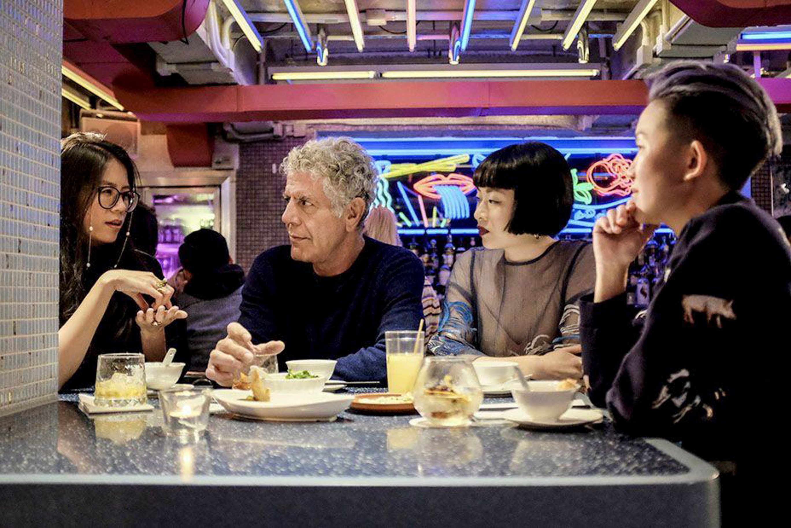 Jenny Suen, Anthony Bourdain, Thierry Chow and May Chow in conversation at Happy Paradise in 2018. Photo: Courtesy May Chow