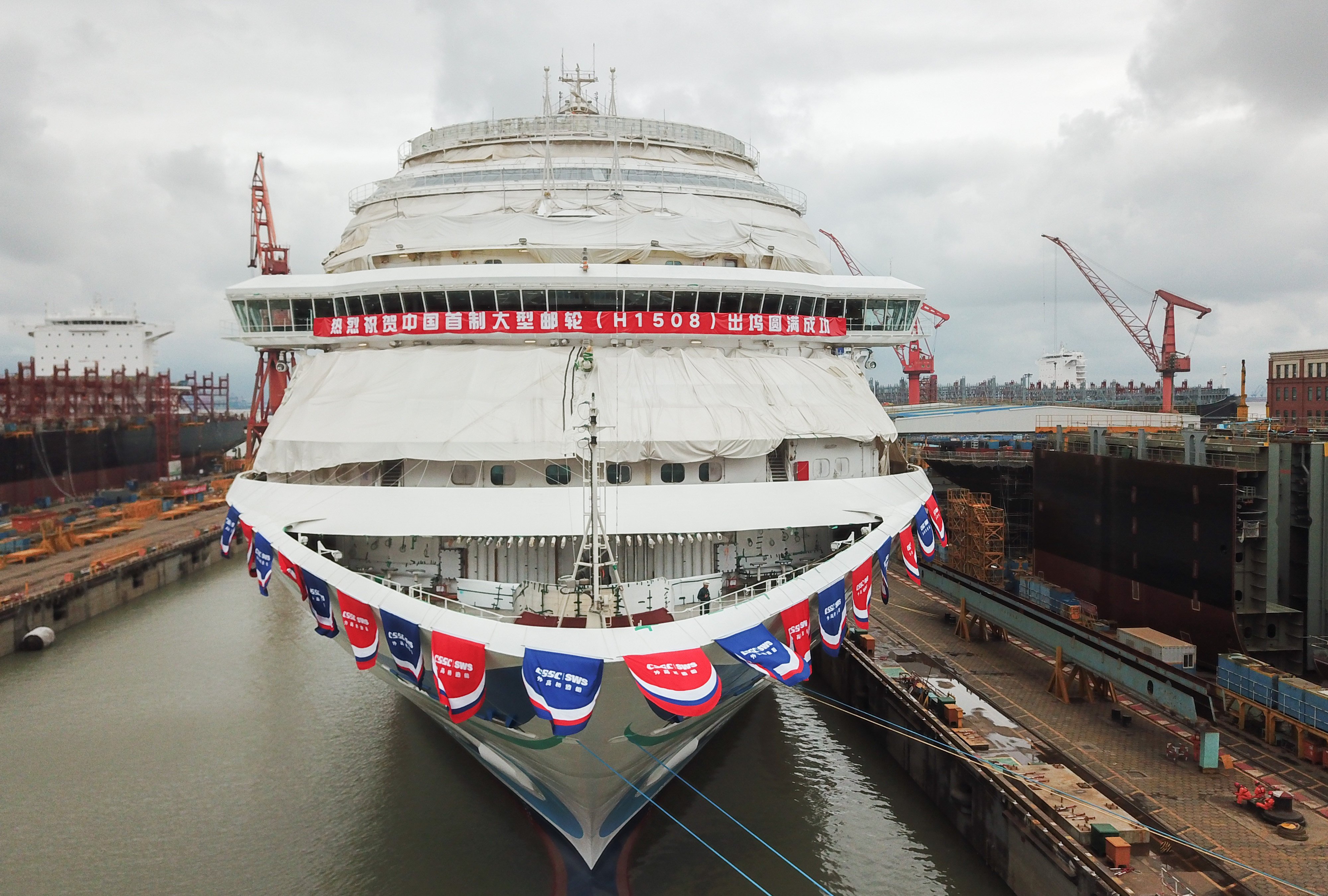 China’s first home-built large cruise liner undocked in Shanghai on June 6 after nearly four years of construction. Photo: Xinhua