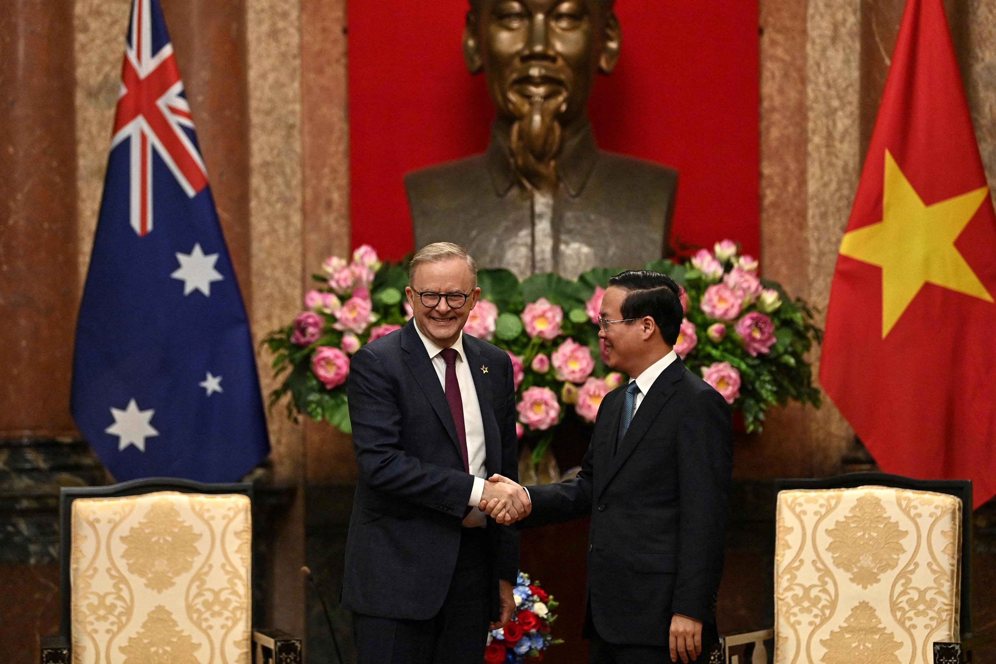 Vietnam’s President Vo Van Thuong shakes hands with Australia’s Prime Minister Anthony Albanese during a meeting at the Presidential palace in Hanoi on June 4. Photo: AFP
