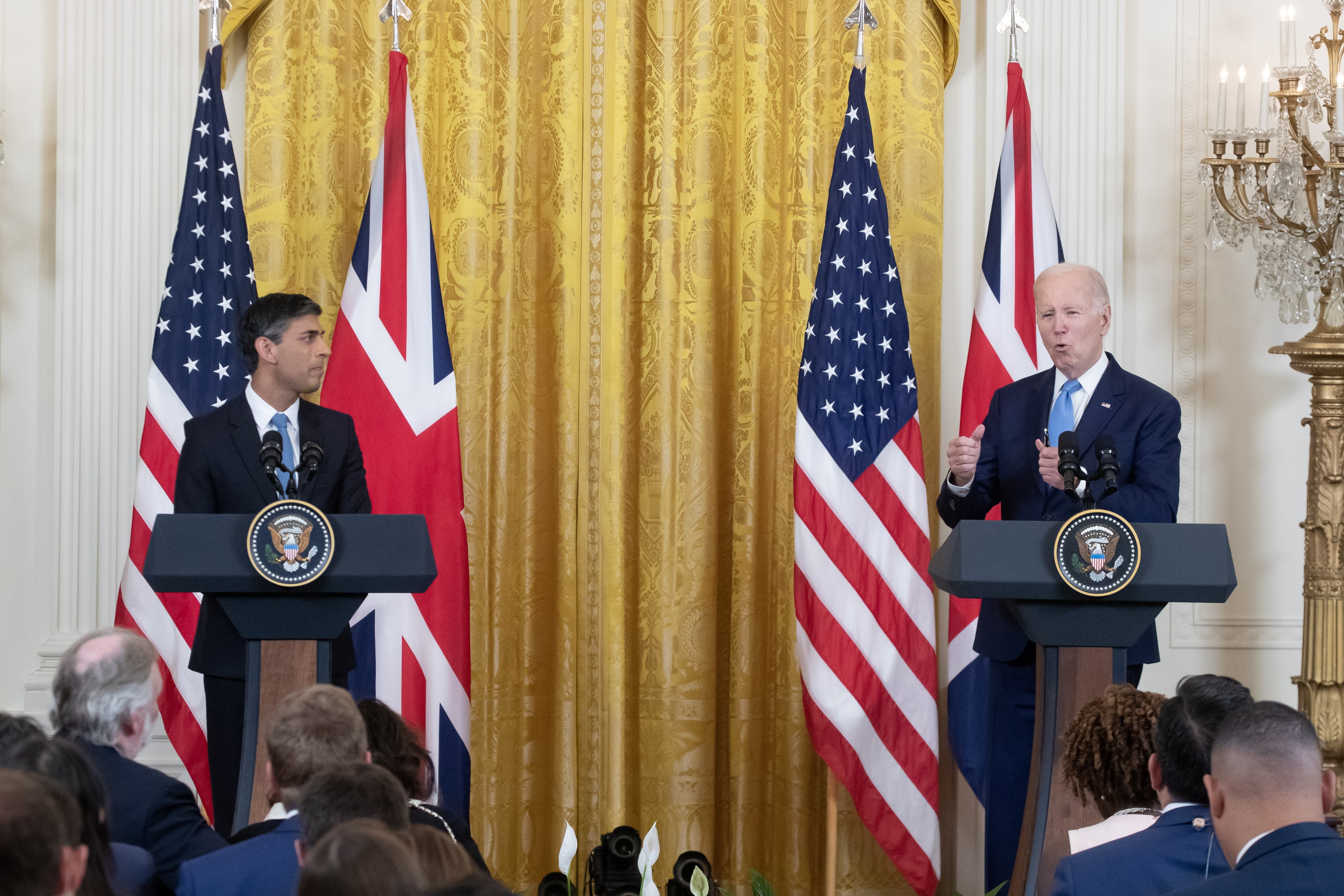 British Prime Minister Rishi Sunak and US President Joe Biden hold a news conference in the East Room of the White House on Thursday. Photo: EPA-EFE