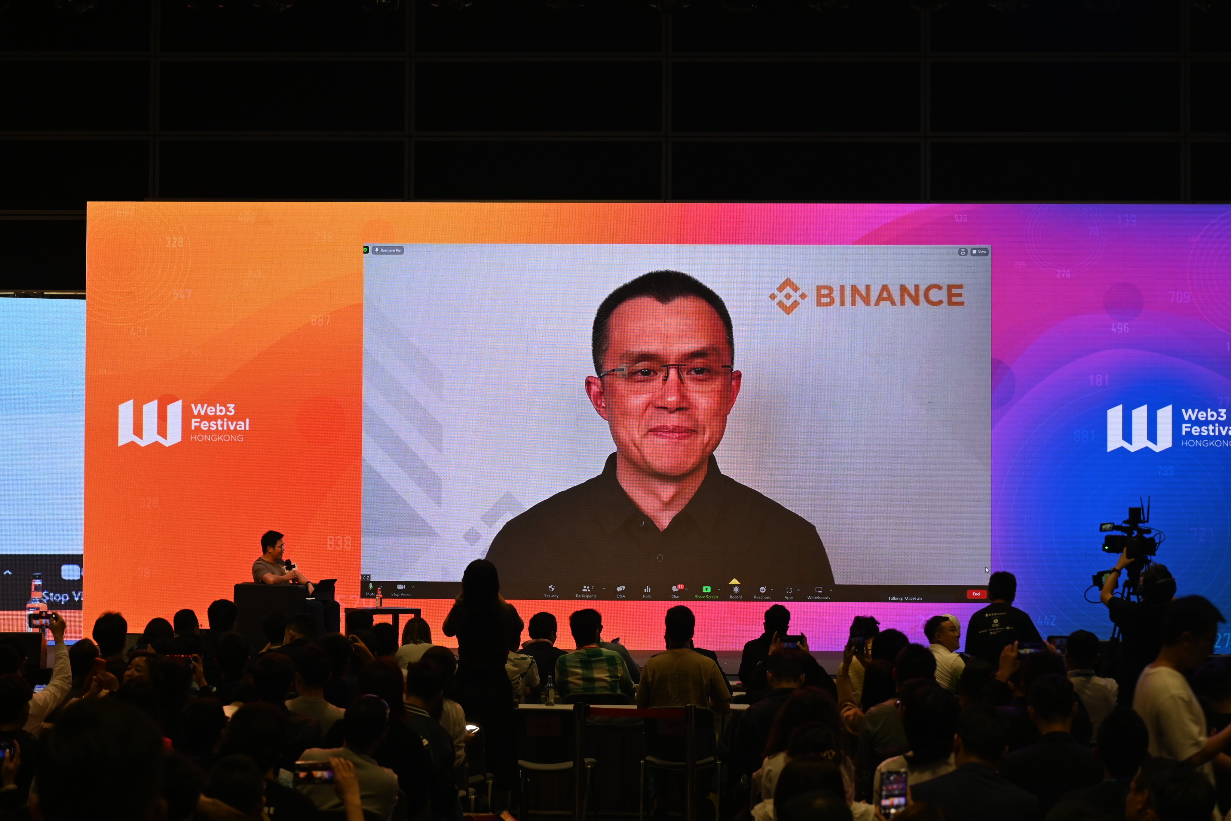 Binance co-founder and CEO Zhao Changpeng speaks during a fireside chat during the Hong Kong Web3 Festival at the Wan Chai Convention and Exhibition Centre on April 12. Photo: Matt Haldane.