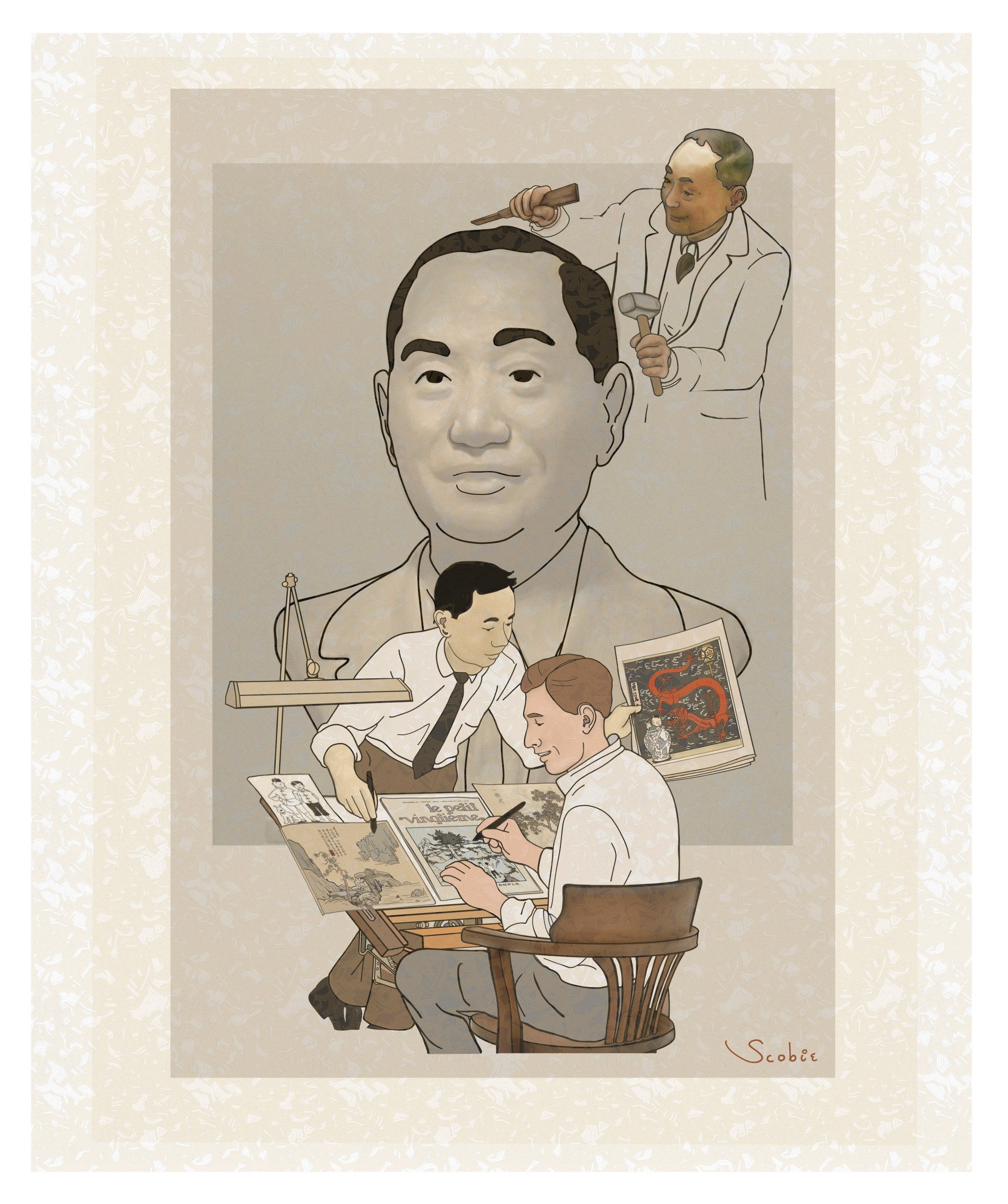 The three ages of Zhang: a) young man working with Hergé, b) middle aged, c) elderly Zhang, and d) their avatars Tintin and Chang on the desk. Illustration: Samuel Porteous