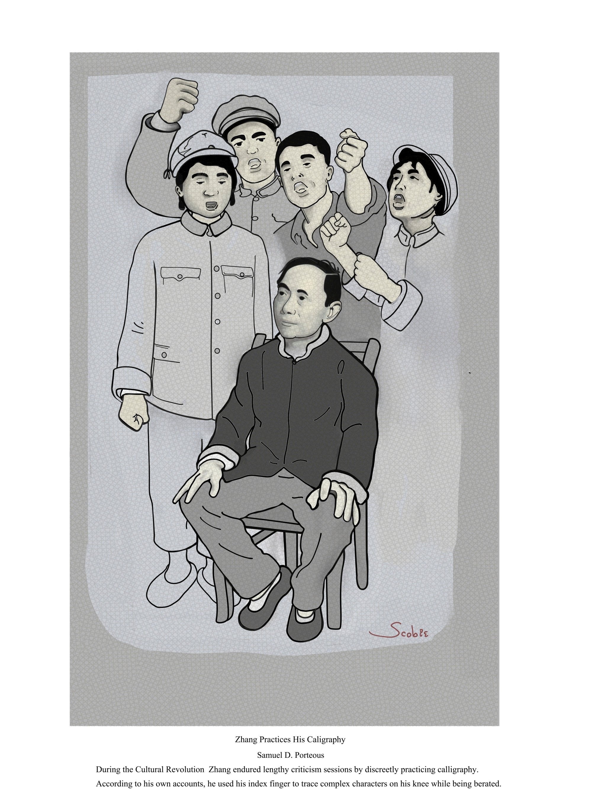 Zhang during the Cultural Revolution enduring the criticism sessions by discreetly practising his calligraphy while being berated. Illustration: Samuel Porteous
