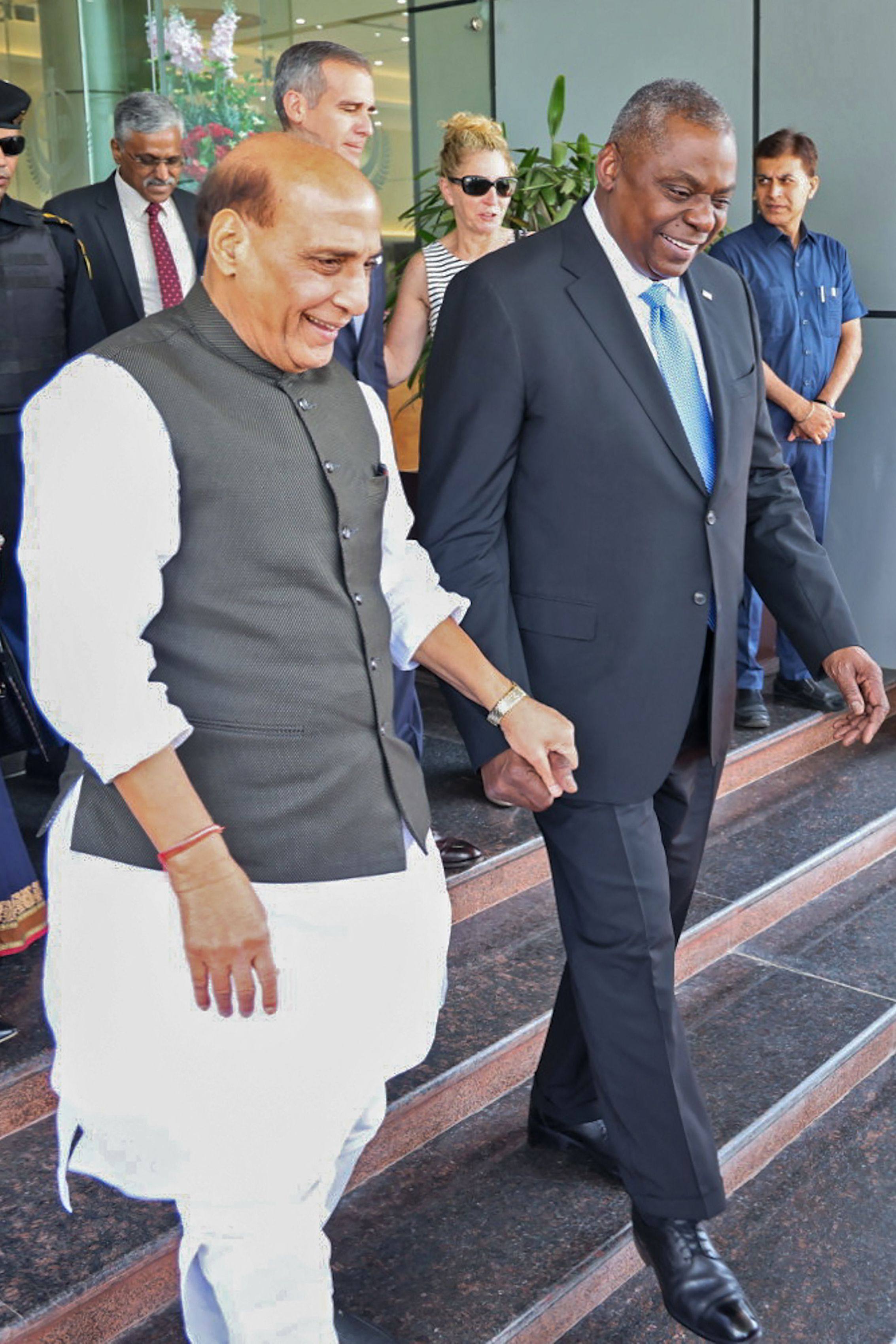 India’s Defence Minister Rajnath Singh (left) and US Secretary of Defence Lloyd Austin after their meeting in Delhi on June 5. Photo: Indian Ministry of Defence via AFP