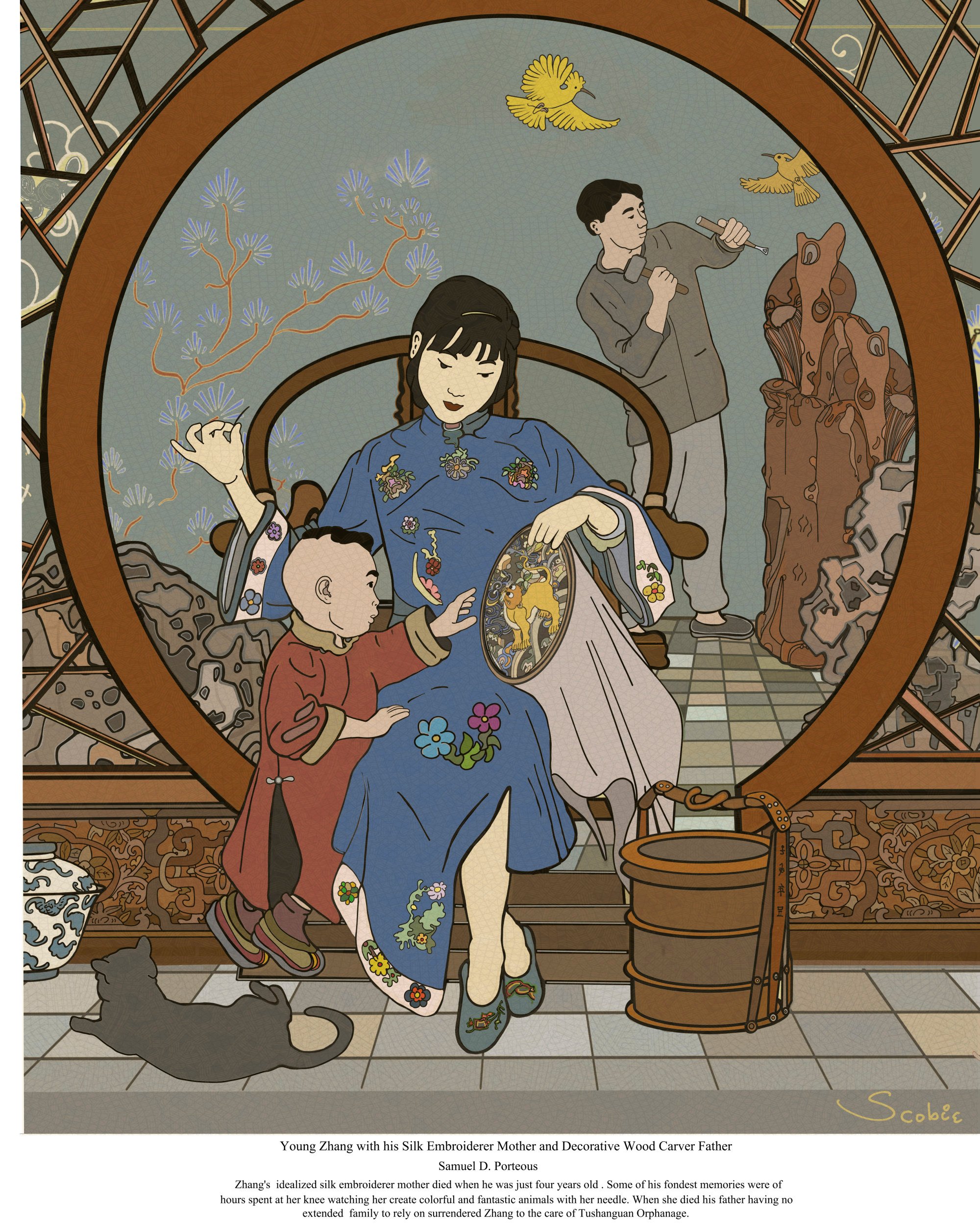 Toddler Zhang Chongren at the knee of his silk embroiderer mother. Illustration: Samuel Porteous