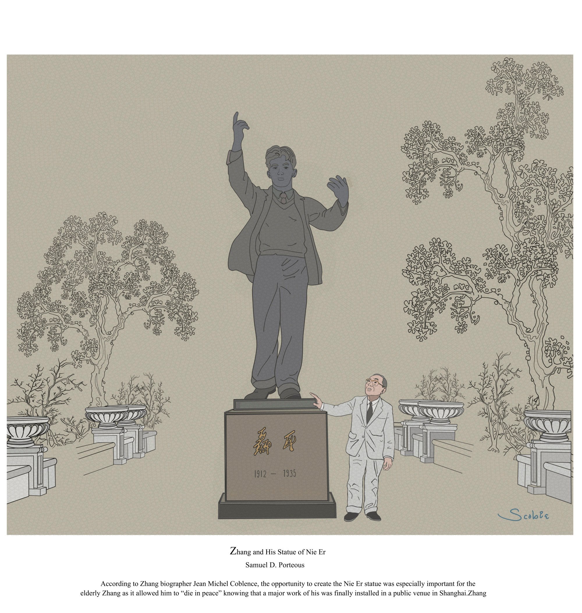 An elderly Zhang with the public statue of Nie Er. Illustration: Samuel Porteous