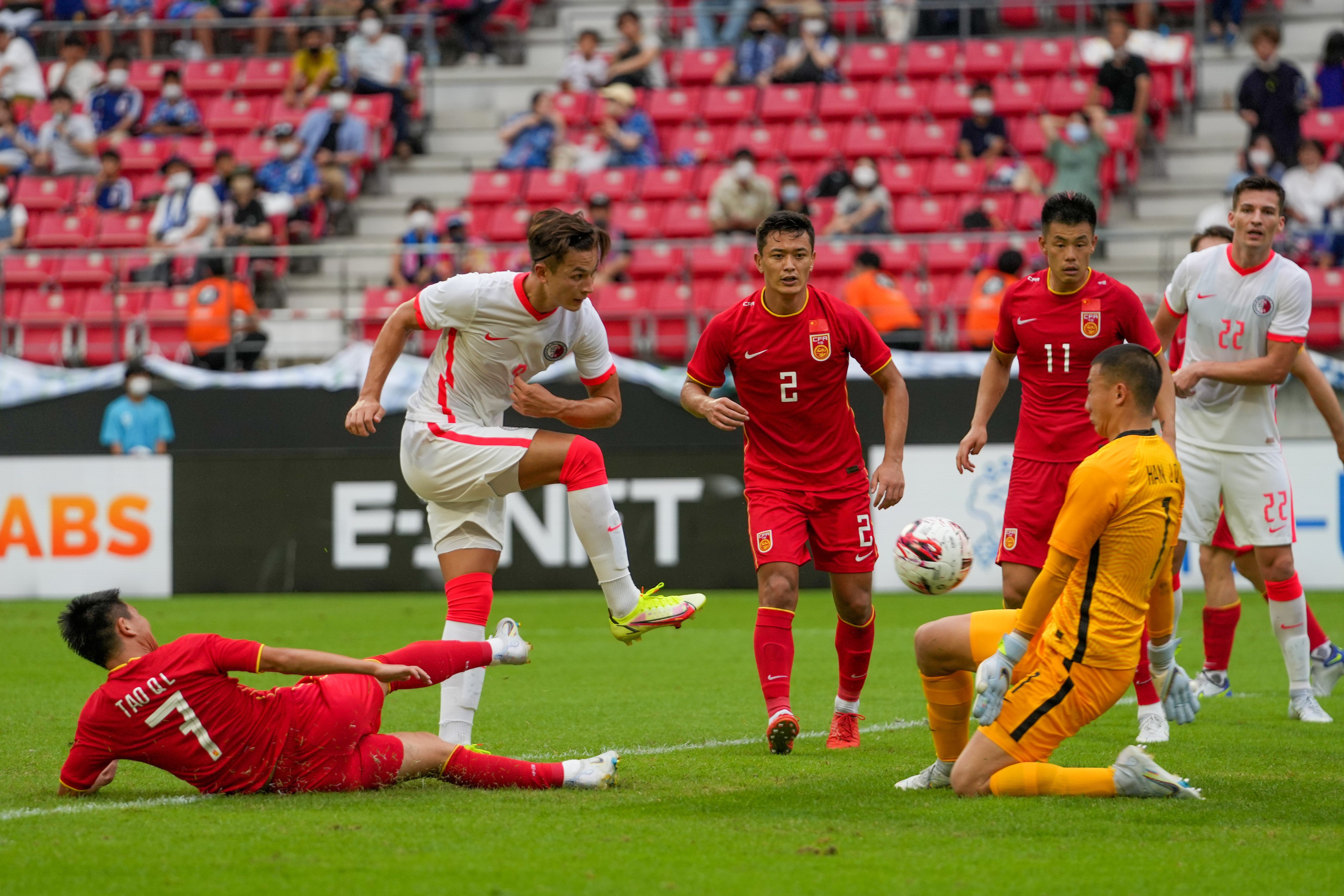 Matt Orr (left) has a shot blocked by China goalkeeper Han Jiaqi during their side’s clash at the EAFF Championship in Japan on July 27 last year. Photo: Xinhua