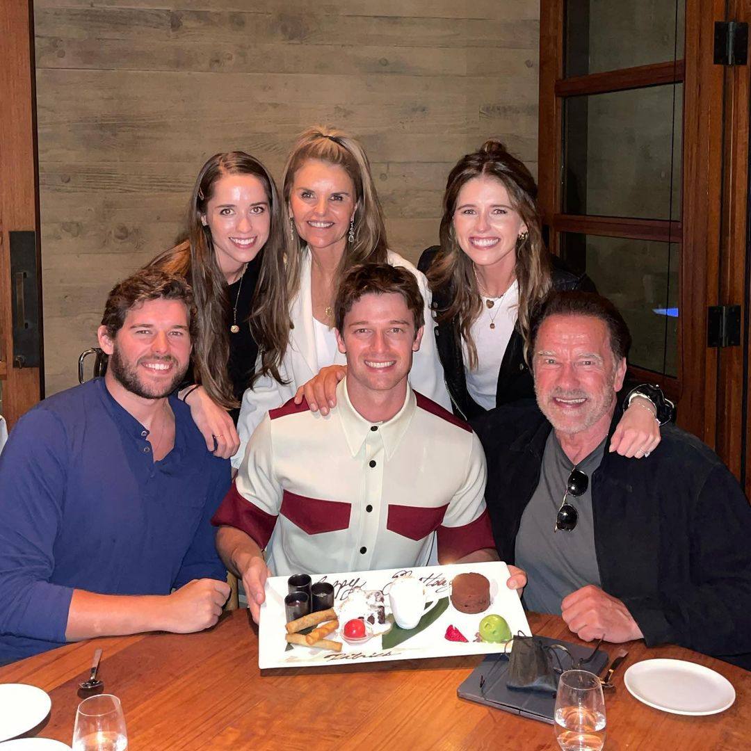 Arnold Schwarzenegger with his ex-wife, Maria Shriver, and his children Christina (top left), Katherine (top right), Christopher (bottom left) and Patrick (center). Photo: @patrickschwarzenegger/Instagram