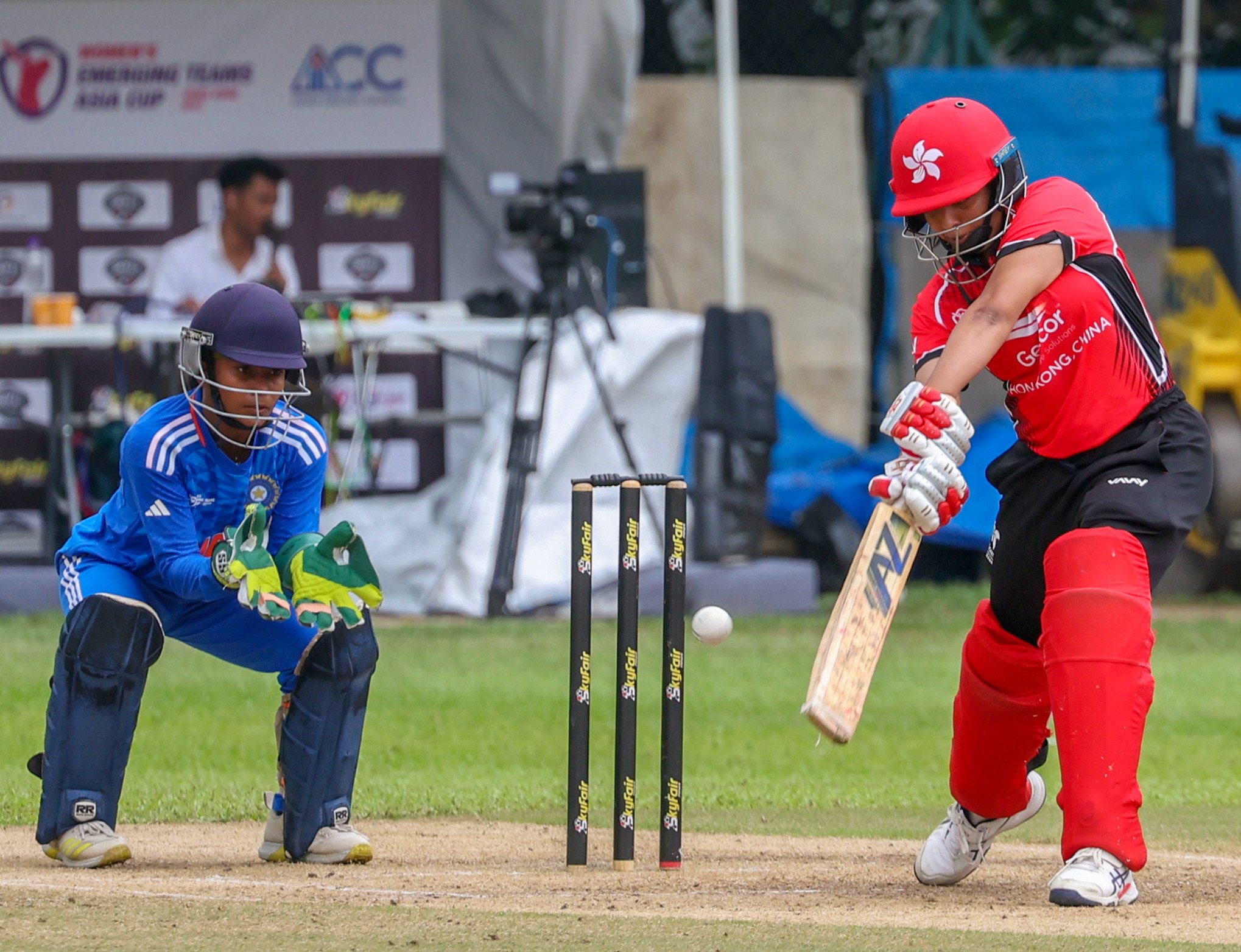 Ruchitha Venkatesh of Hong Kong slogs to the off side on a day when her side were guilty of some rash shots against India A. Photo: Yik Yeung-man