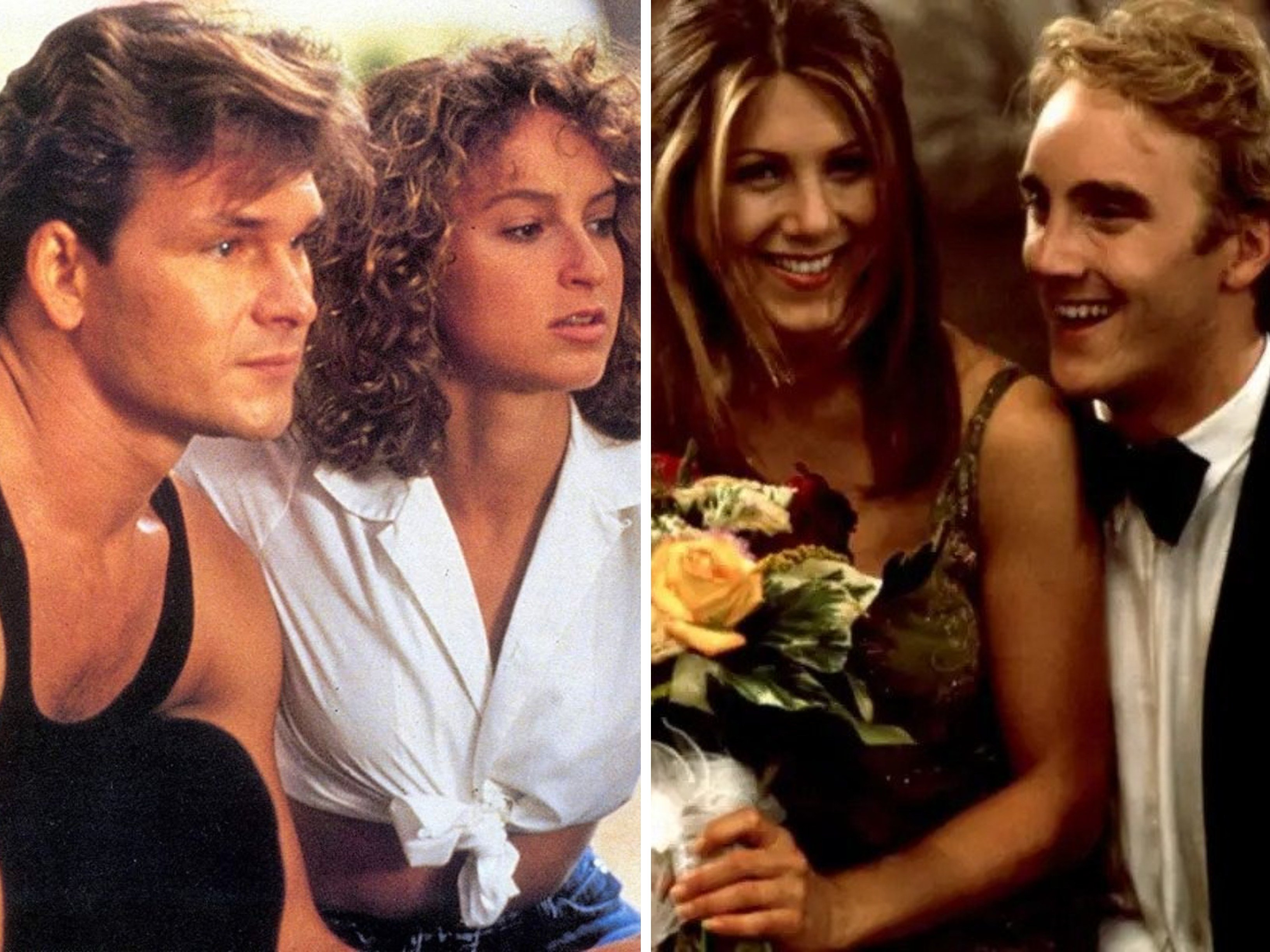 Patrick Swayze and Jennifer Grey in Dirty Dancing, and Jennifer Aniston and Jay Mohr in Picture Perfect. Photos: @dirtydancingmovie/Instagram, 20th Century Fox
